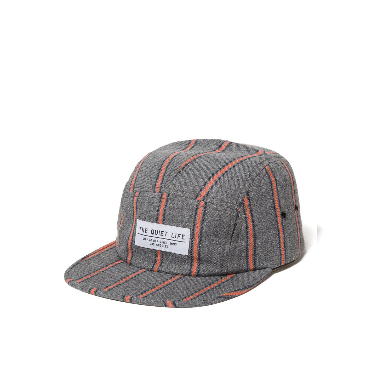 Quiet Life Striped Flannel 5 panel hat, grey/orange — available at Norwood