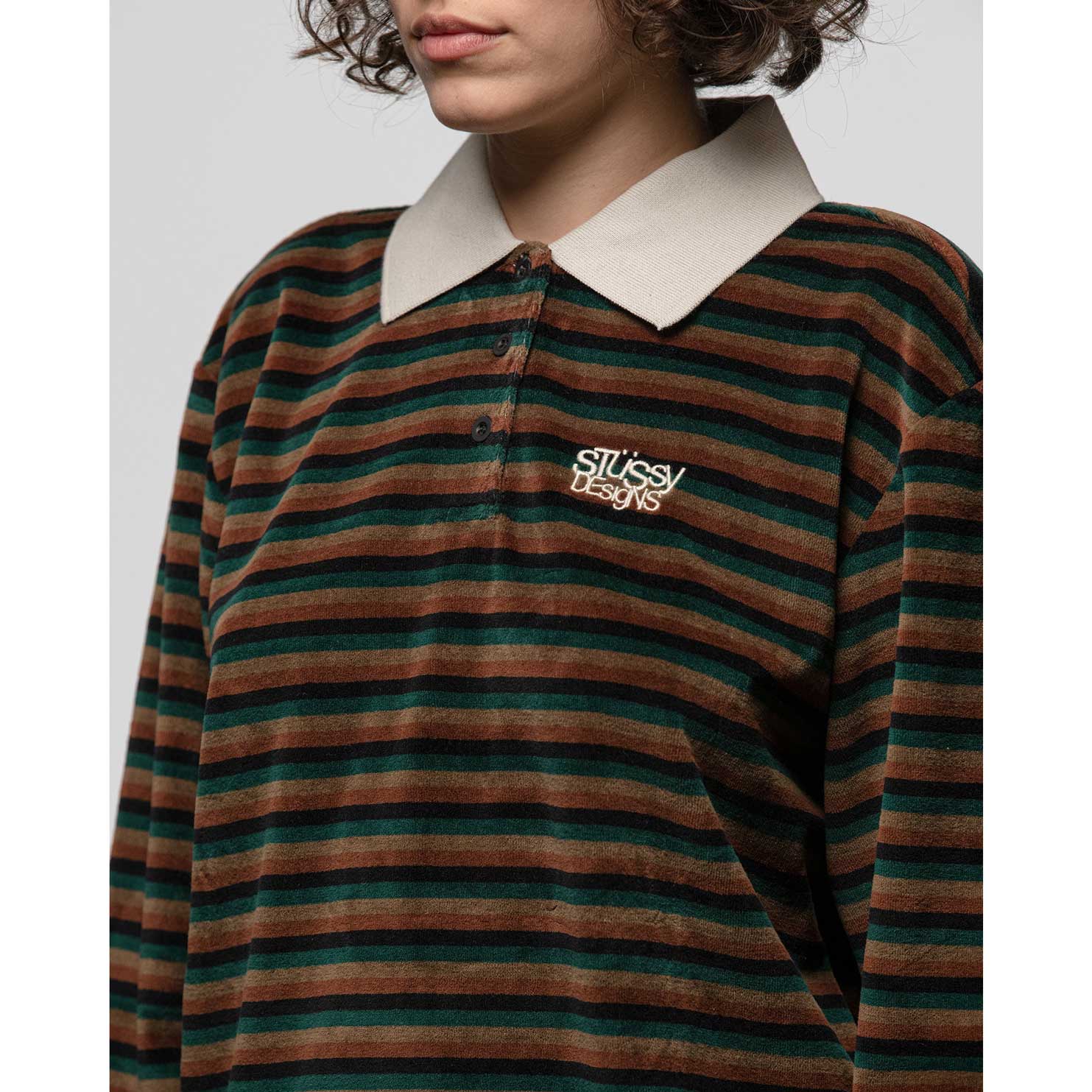 Stussy Womens Rosemary Velour Stripe L/S Polo — available at Norwood