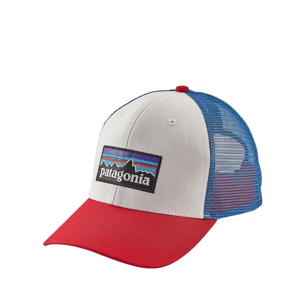 Patagonia P-6 Logo Trucker Hat, white with fire/Andes blue — available at Norwood