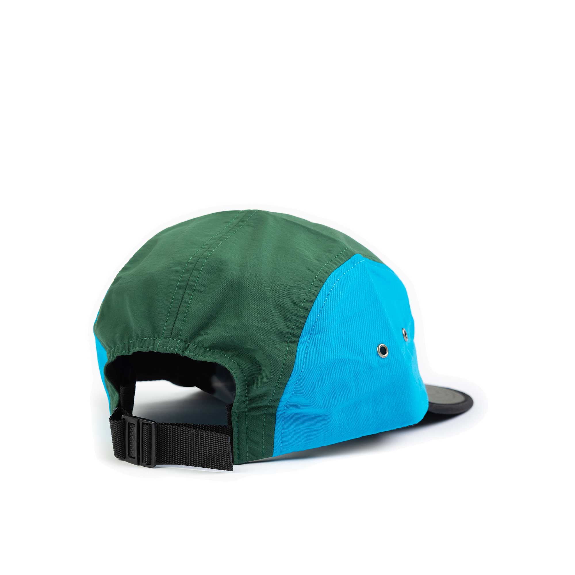 The Quiet Life Runner 5 Panel Camper Hat, Black/Grey/Green — available at Norwood