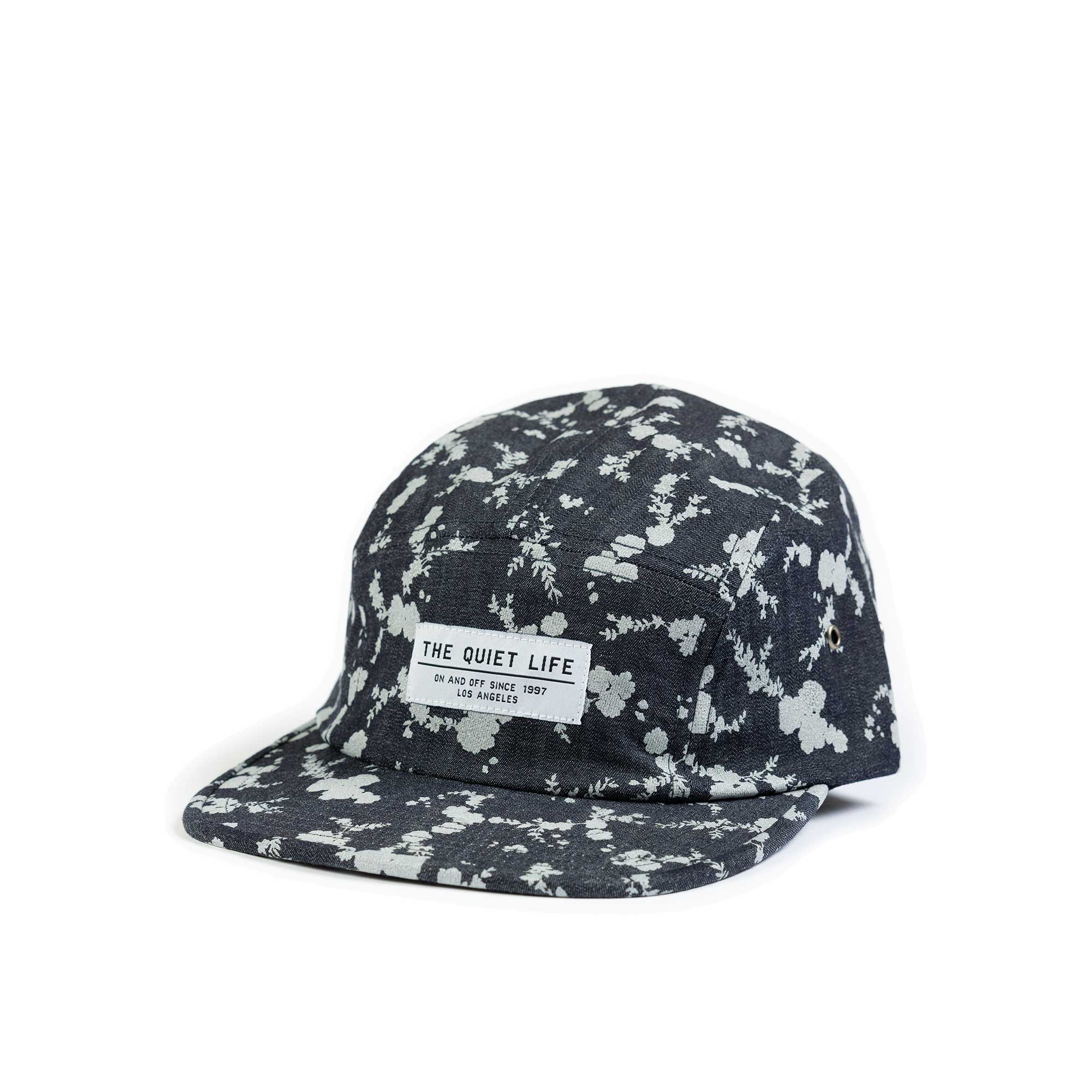The Quiet Life Floral Denim 5 Panel Camper Hat, Dark Denim — available at Norwood