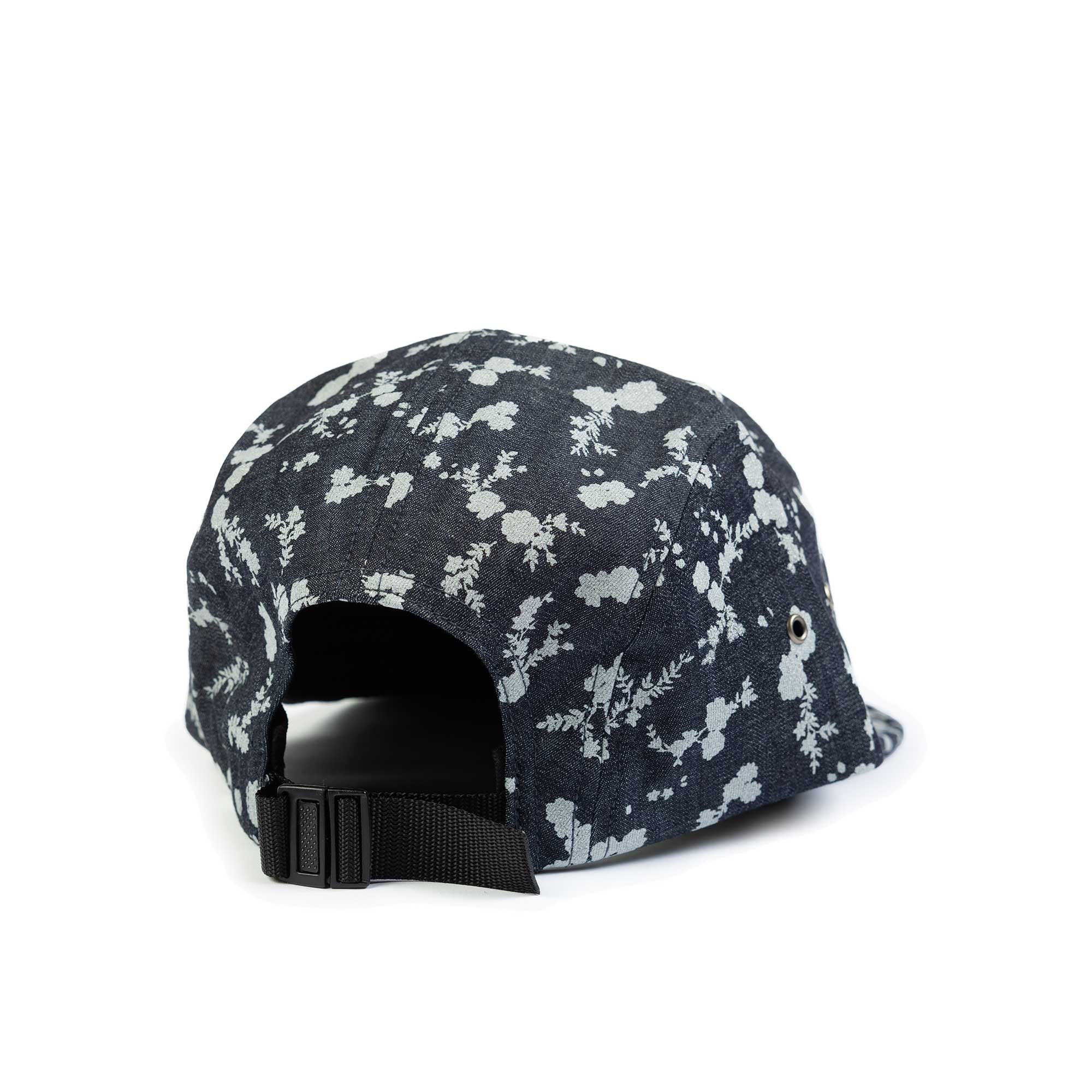 The Quiet Life Floral Denim 5 Panel Camper Hat, Dark Denim — available at Norwood