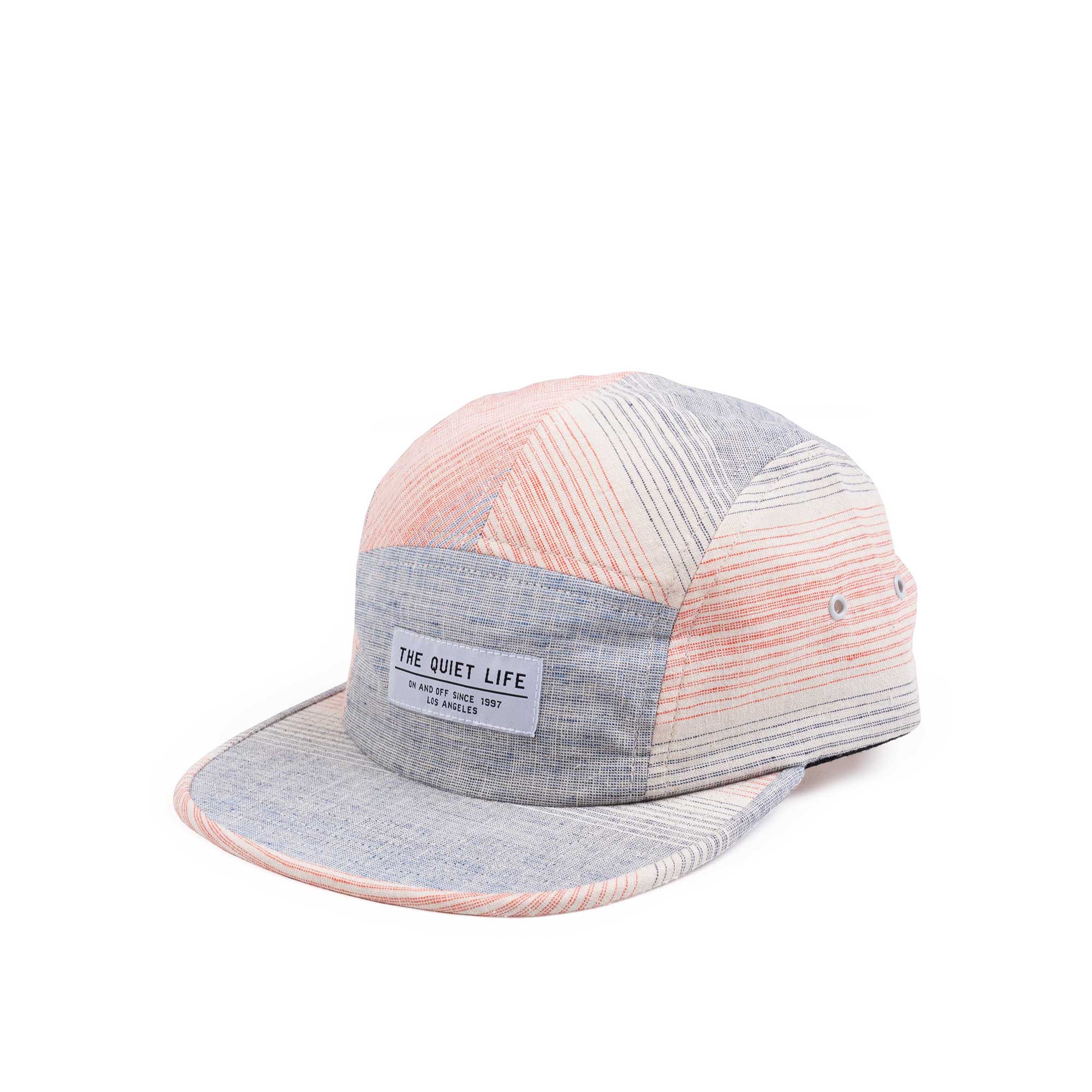 The Quiet Life Linear 5 Panel Camper Hat, blue / peach — available at Norwood