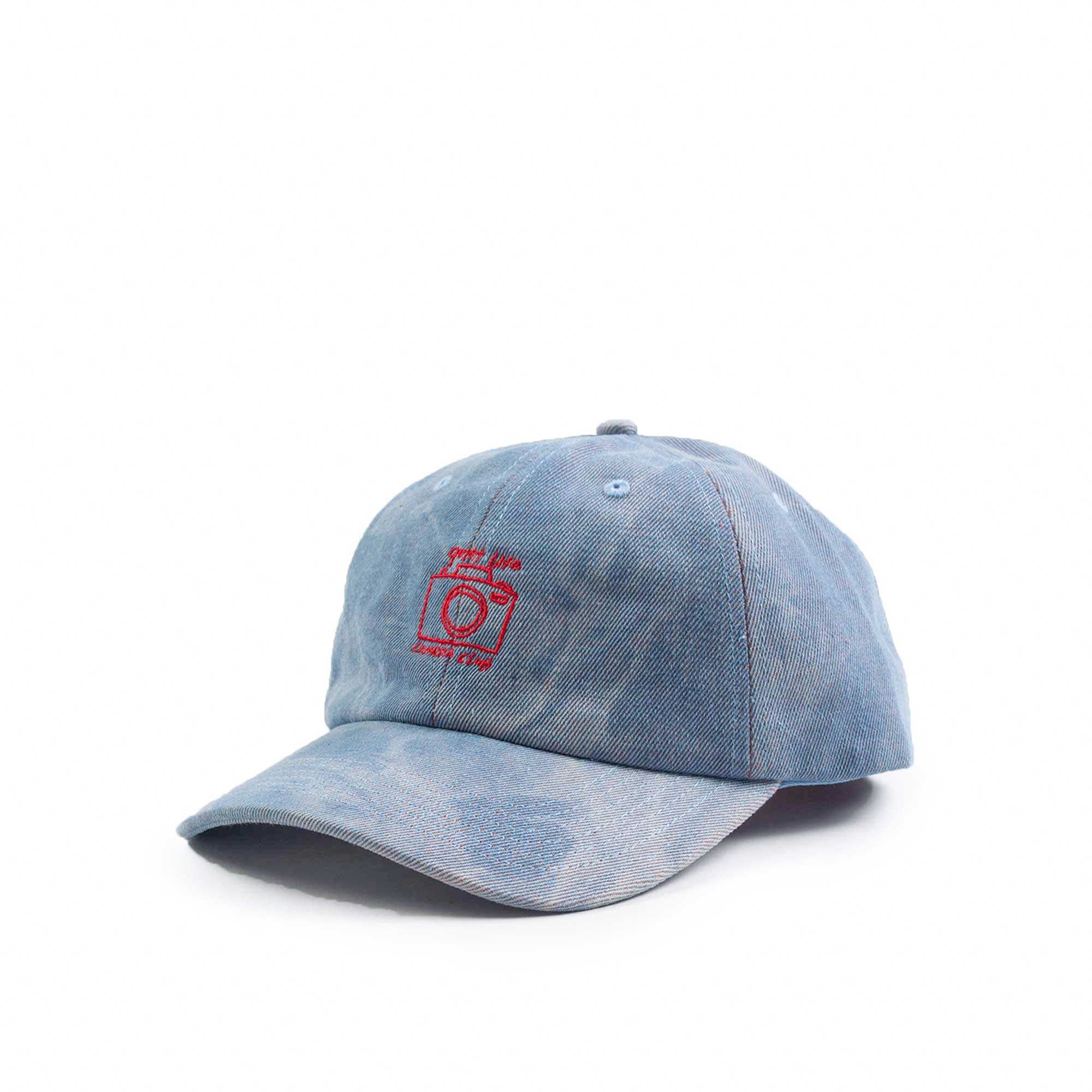 Quiet Life Camera dad hat, light denim tie dye — available at Norwood