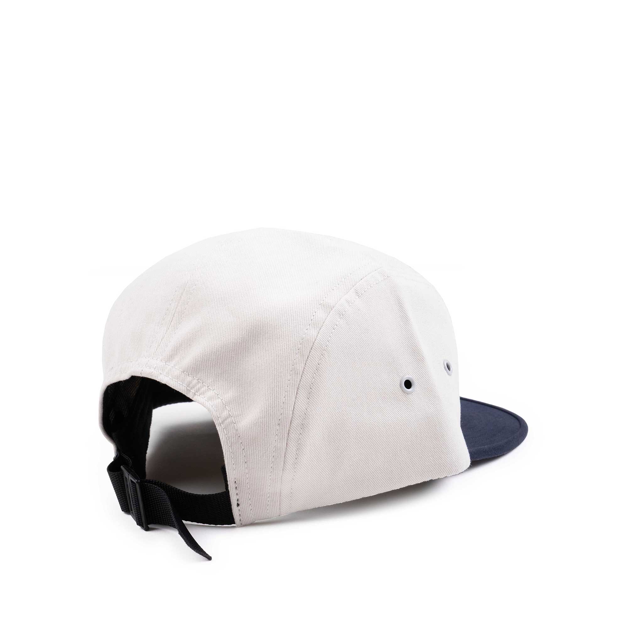 The Quiet Life Horizon Script 5 Panel Camper Hat, stone/navy — available at Norwood