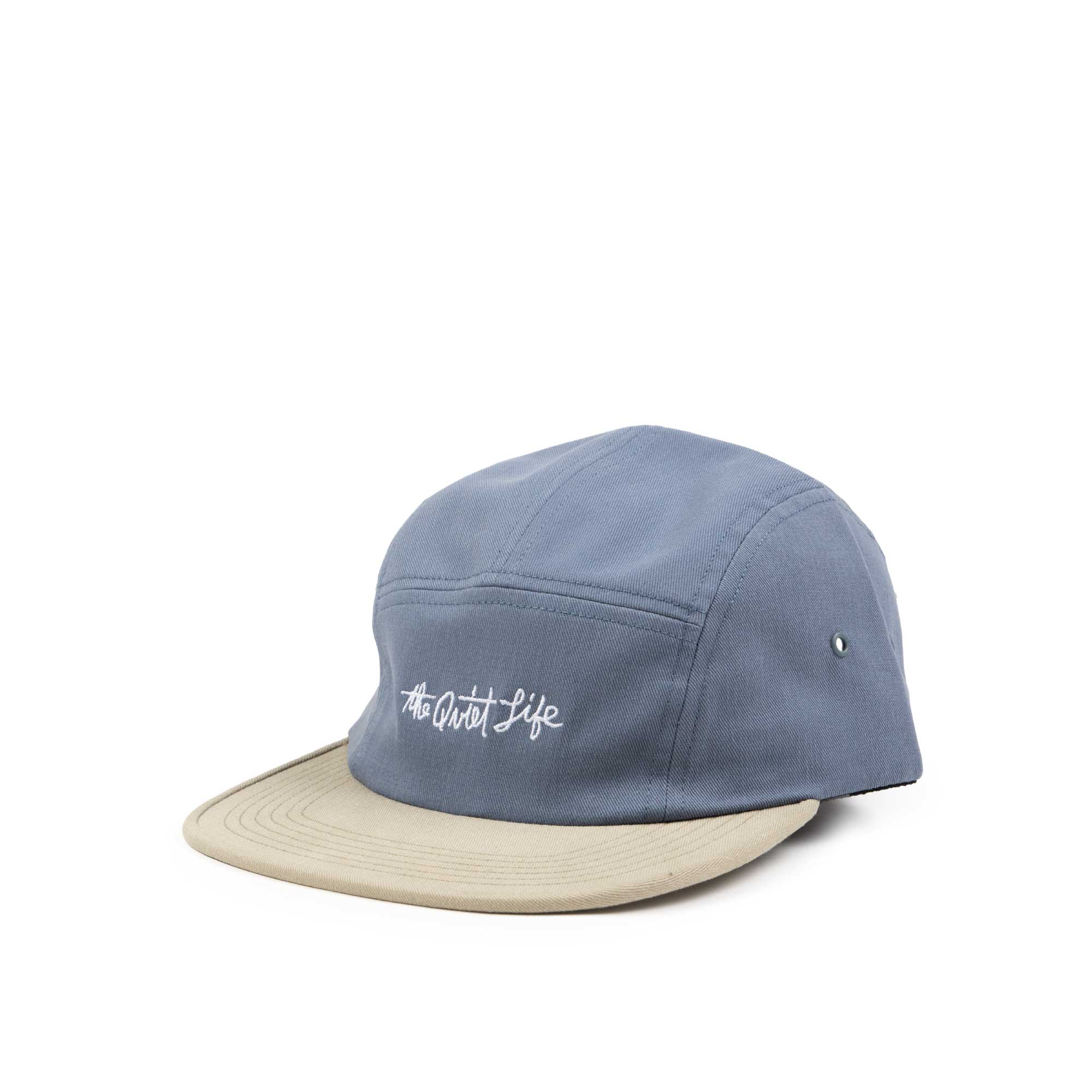 The Quiet Life Horizon Script 5 Panel Camper Hat, slate/khaki — available at Norwood