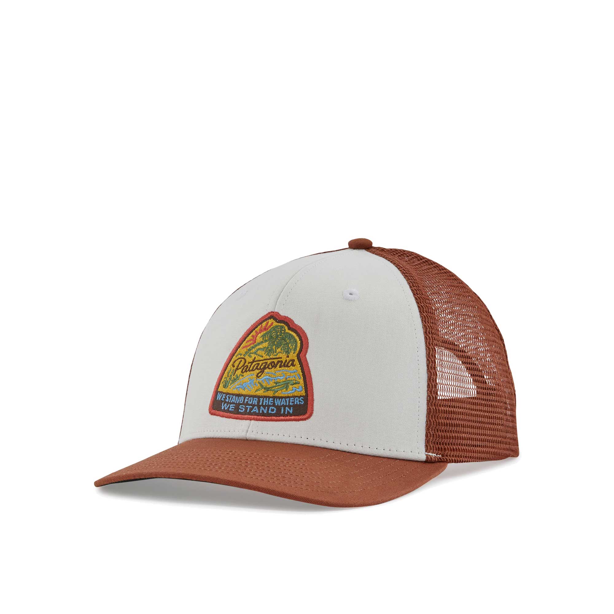 Patagonia Take A Stand Trucker Hat, bayou badge: white — available at Norwood