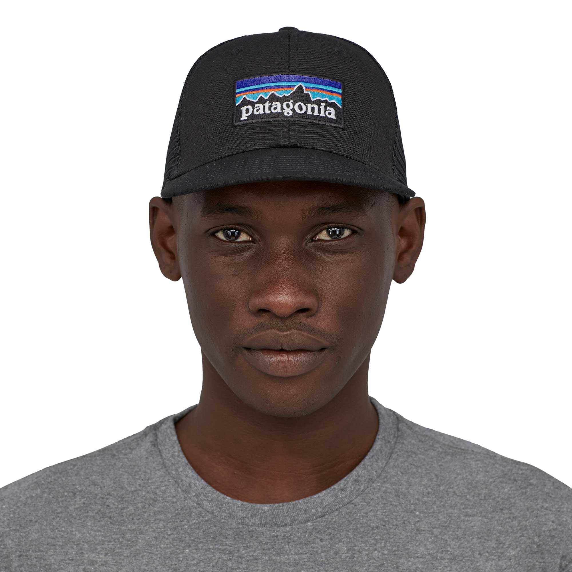 Patagonia P-6 Logo Trucker Hat, black — available at Norwood