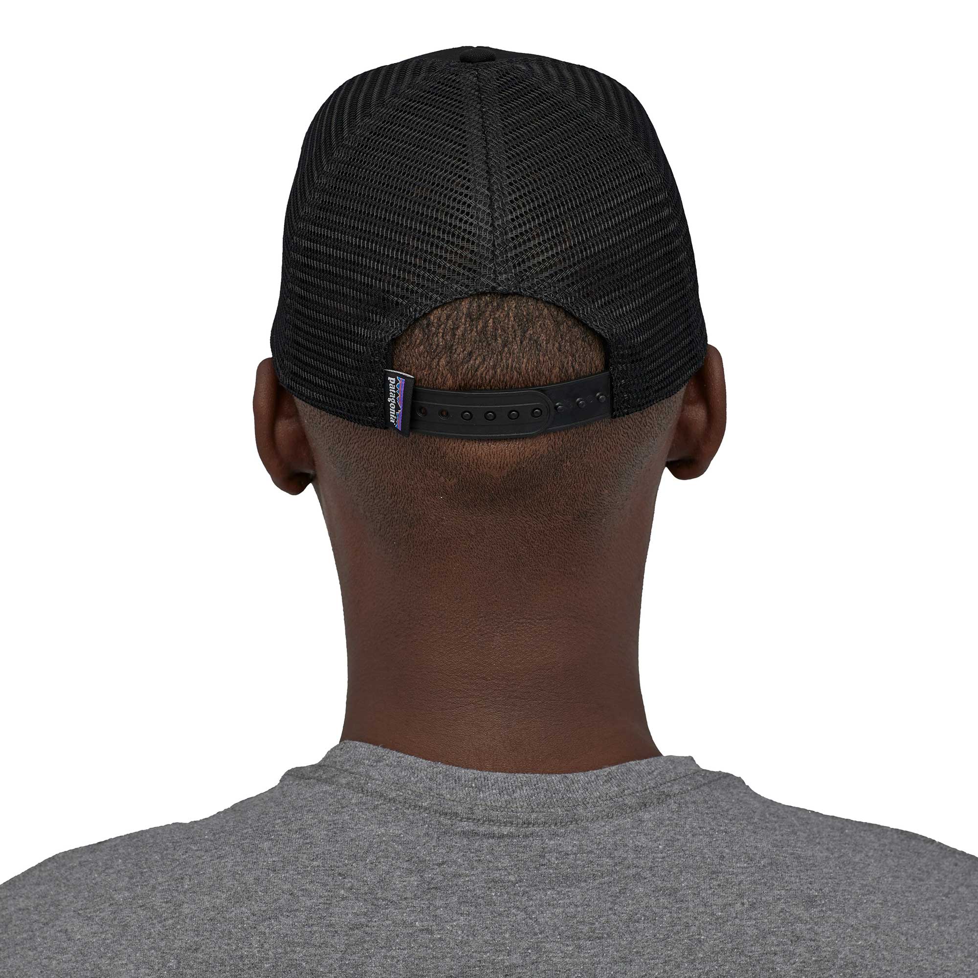 Patagonia P-6 Logo Trucker Hat, black — available at Norwood