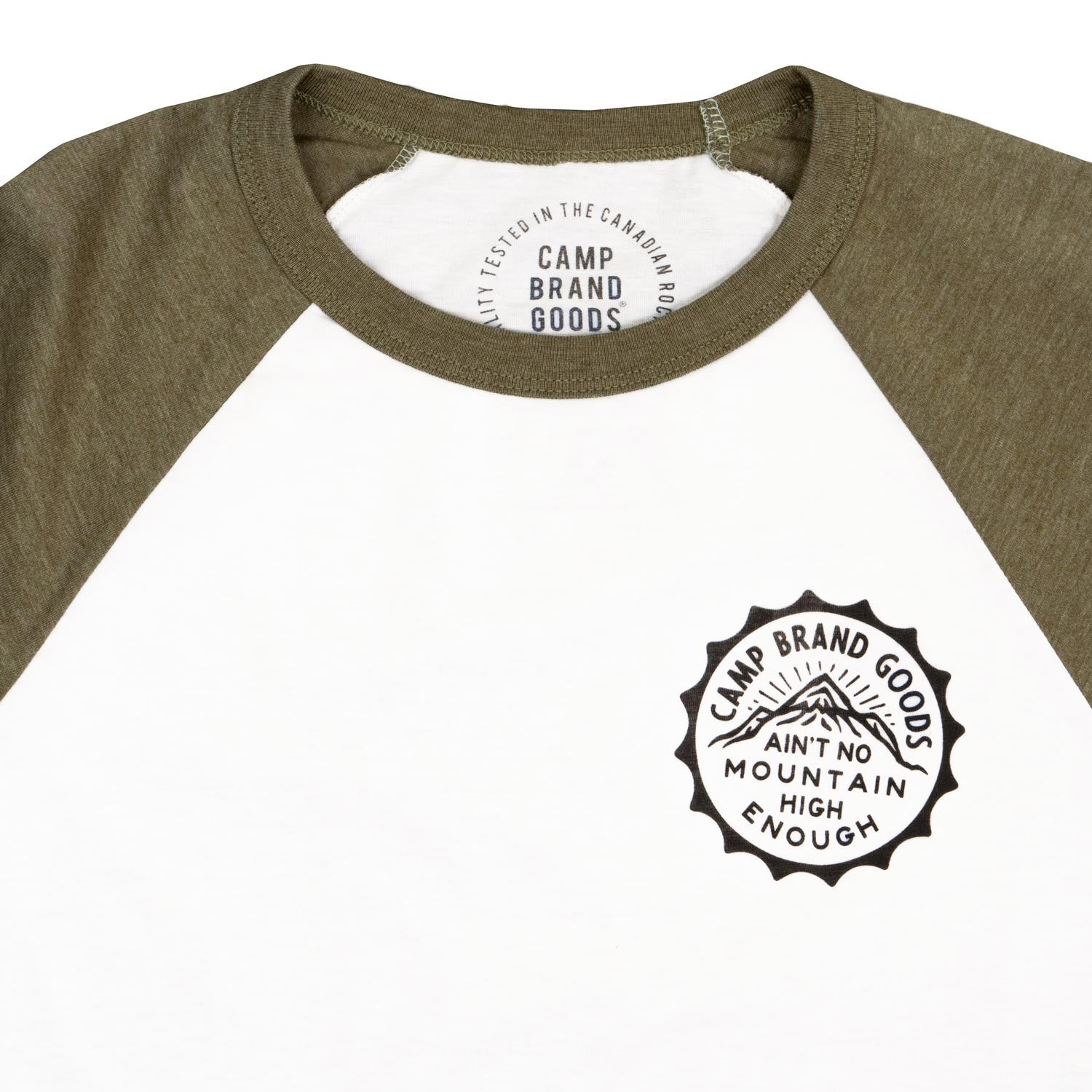 Camp Brand Goods Mountain High unisex baseball tee — available at Norwood