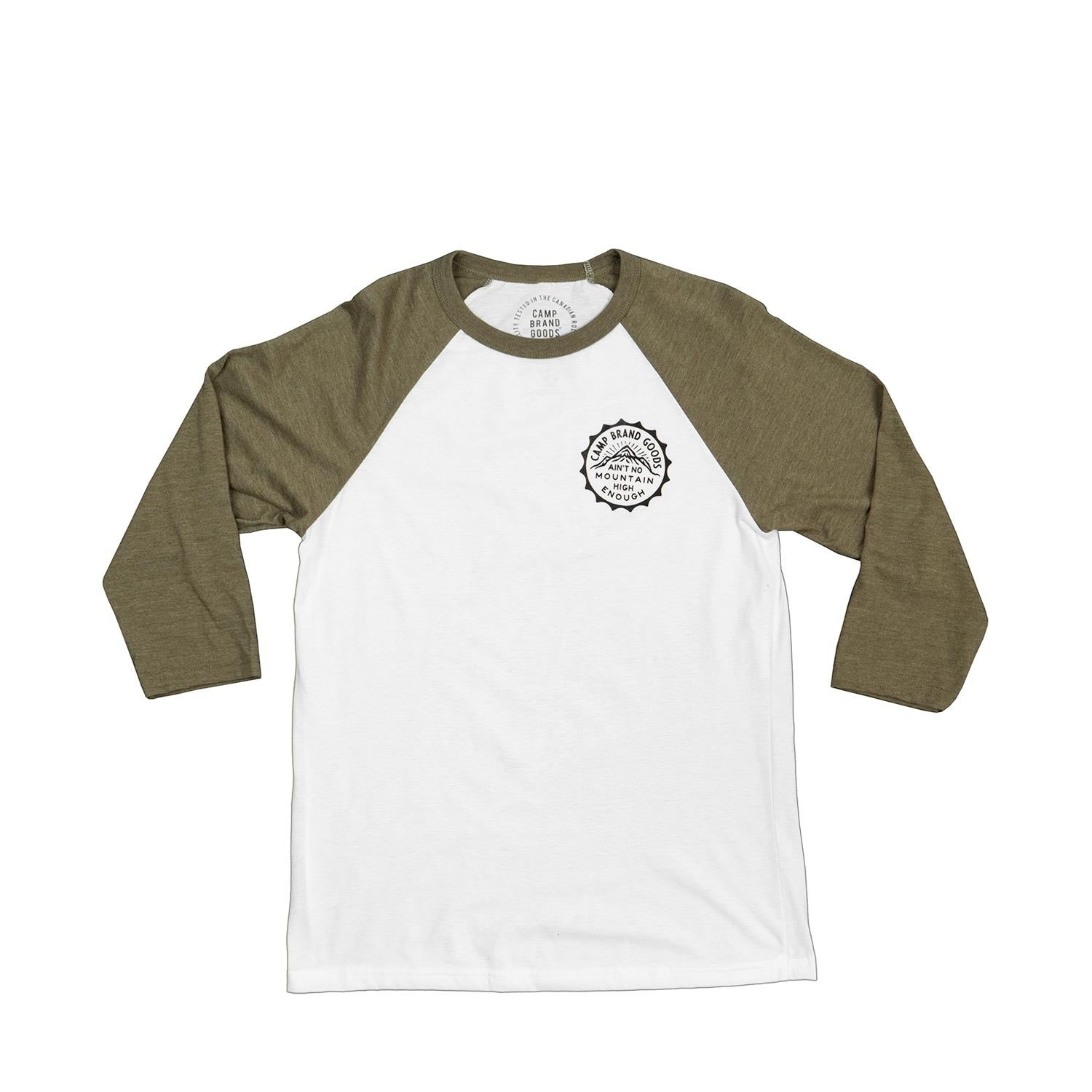 Camp Brand Goods Mountain High unisex baseball tee — available at Norwood