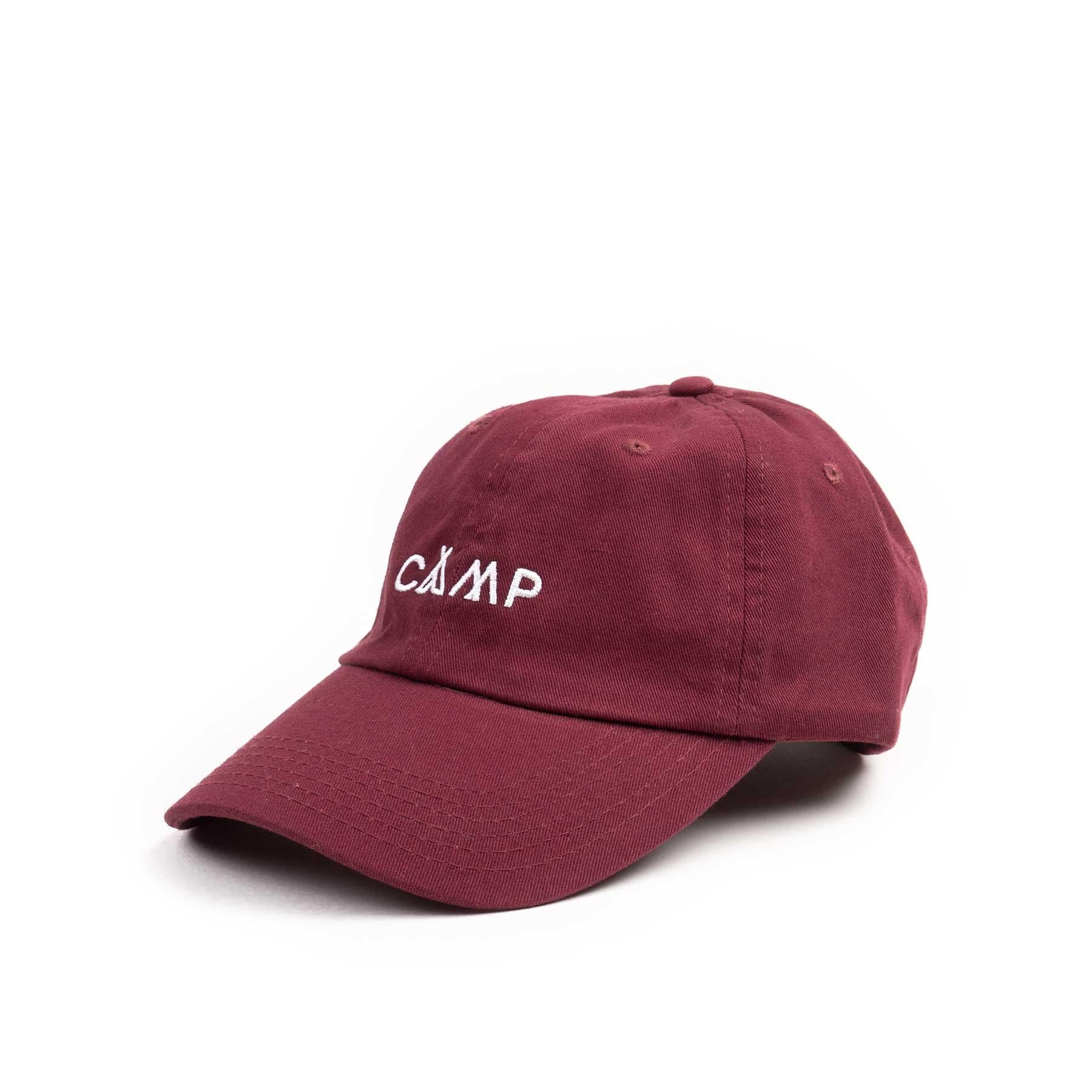 Camp Wordmark dad hat, maroon — available at Norwood