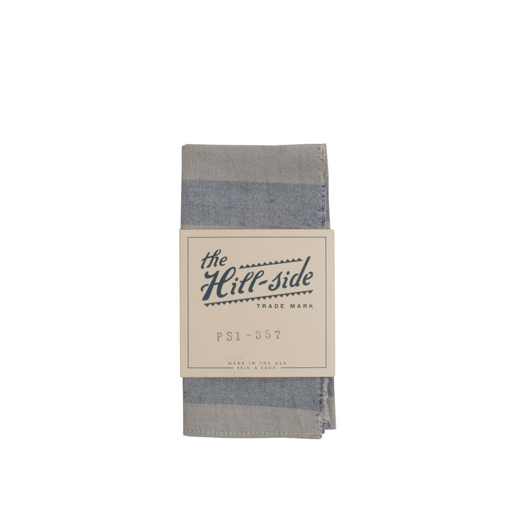 The Hill-side Natural Warp Border Stripe pocket square, navy/khaki awning — available at Norwood