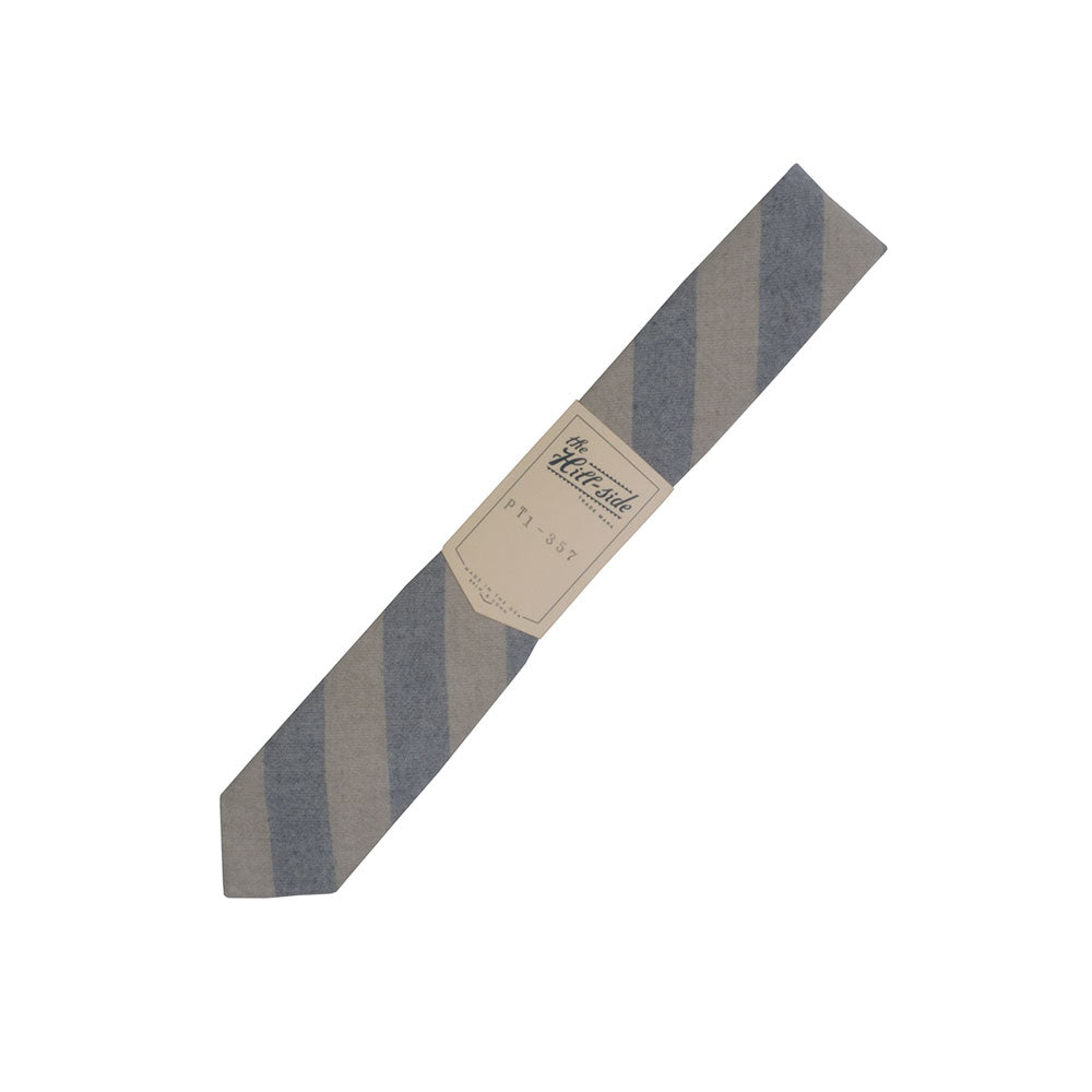 The Hill-side Natural Warp Border Stripe pointed tie, navy/khaki awning — available at Norwood