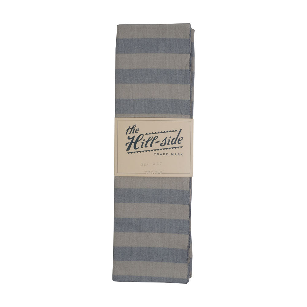 The Hill-side Natural Warp Border Stripe scarf, navy/khaki awning — available at Norwood