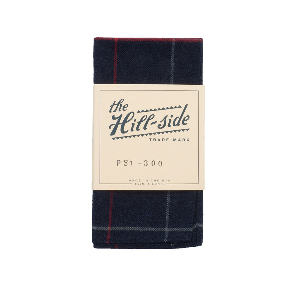 The Hill-side Brushed Indigo Flannel Pocket Square, Narrow Check — available at Norwood