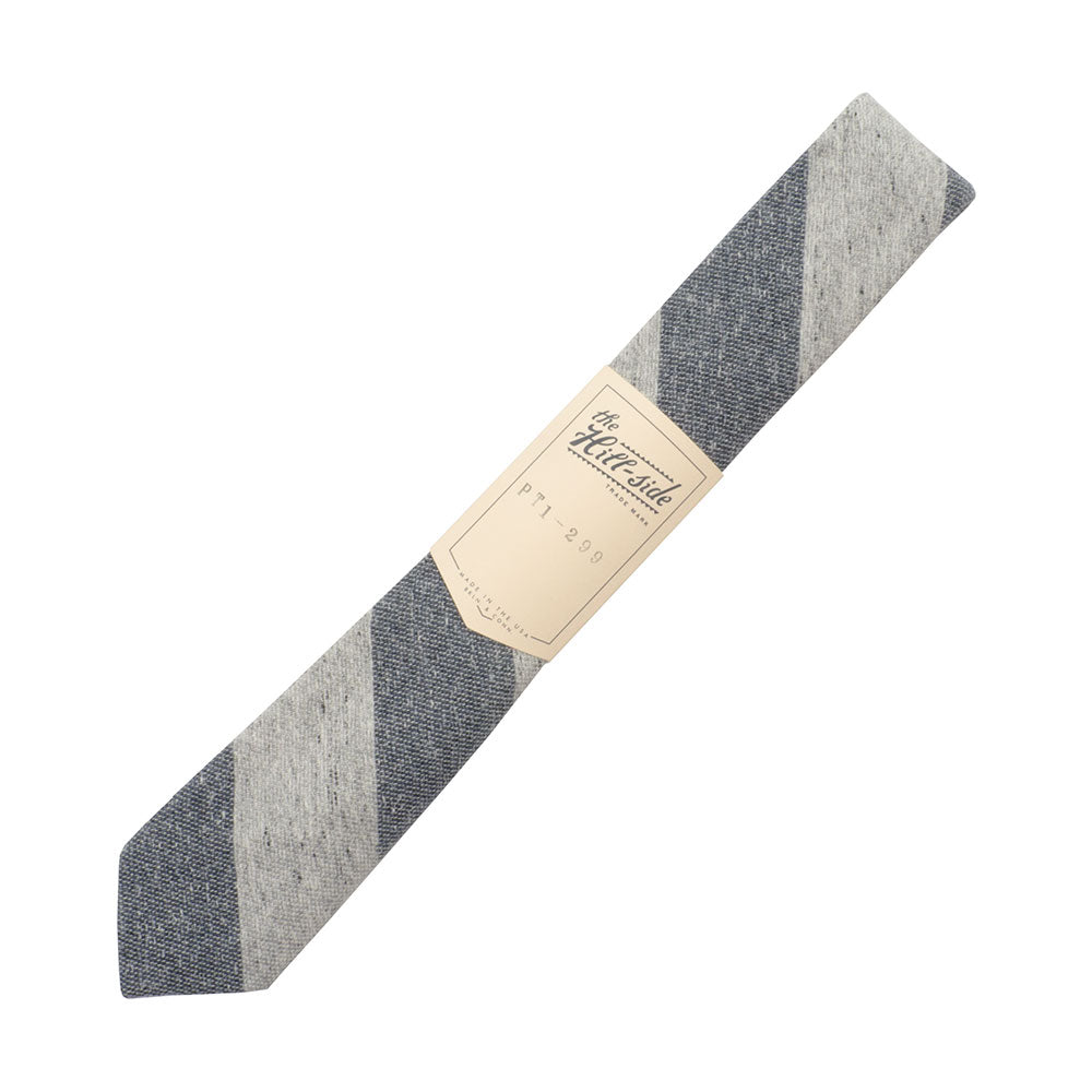 The Hill-side Cotton Blend Blanket Twill Pointed Tie, Grey/Navy Border Stripe — available at Norwood