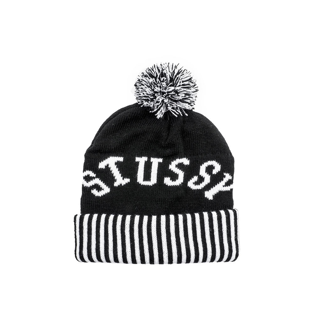 Stussy Bars Pom Beanie, Black — available at Norwood