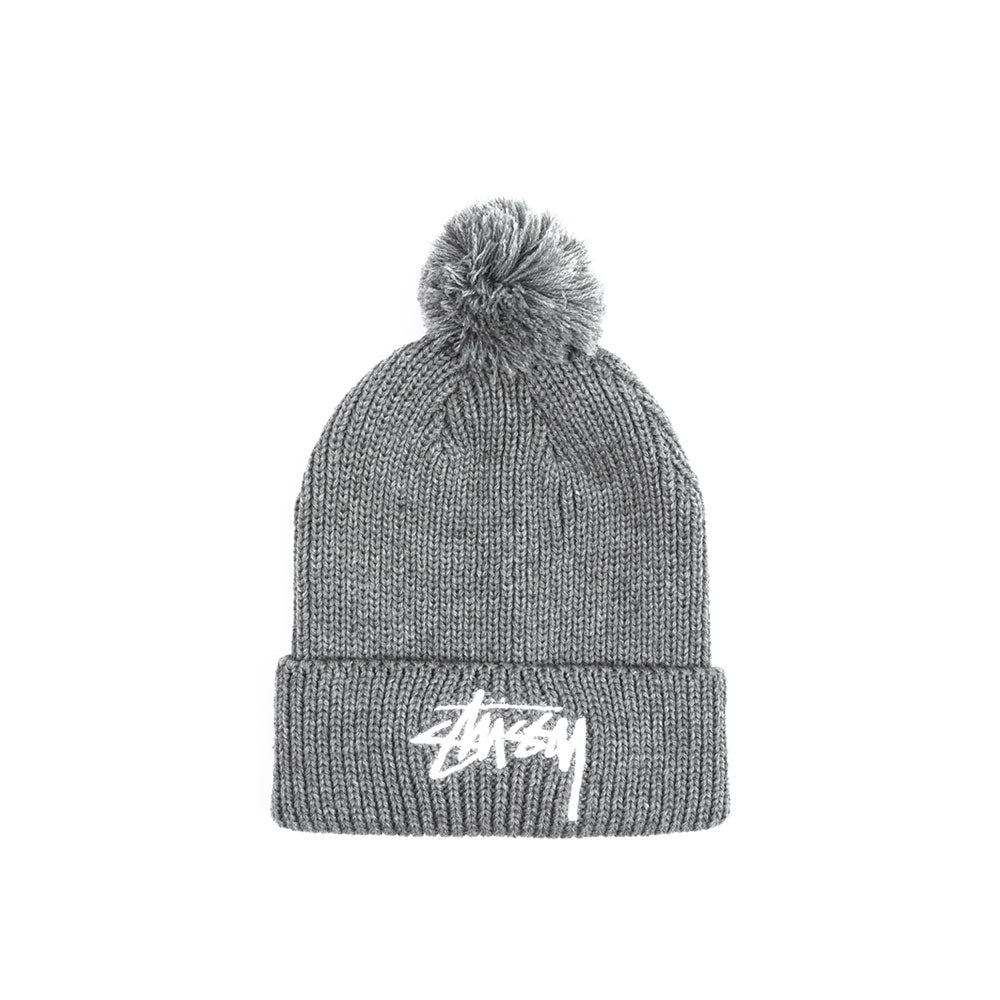 Stussy Stock Pom Beanie, Heather Grey — available at Norwood