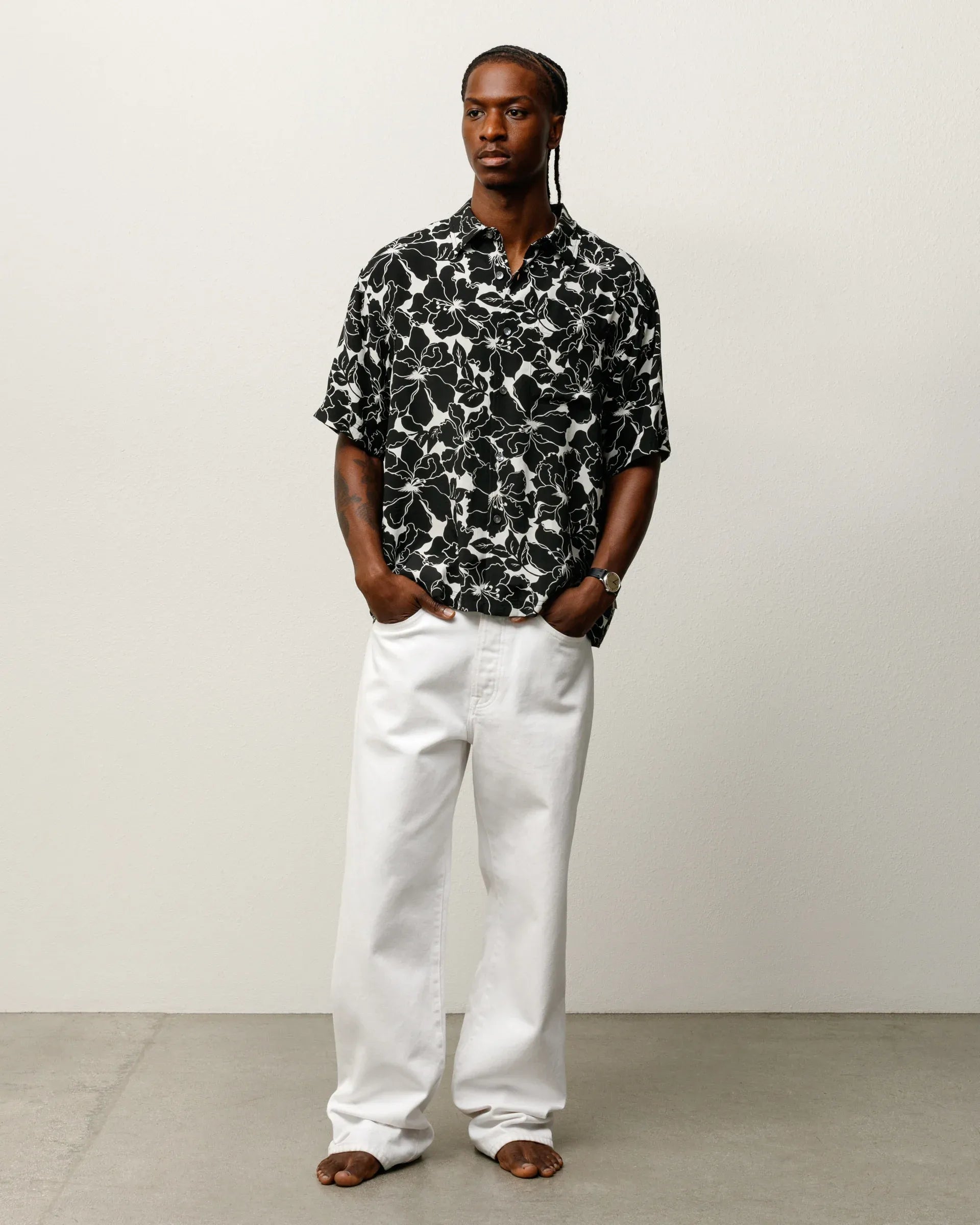 Stussy Floral Hawaiian Shirt, black — available at Norwood