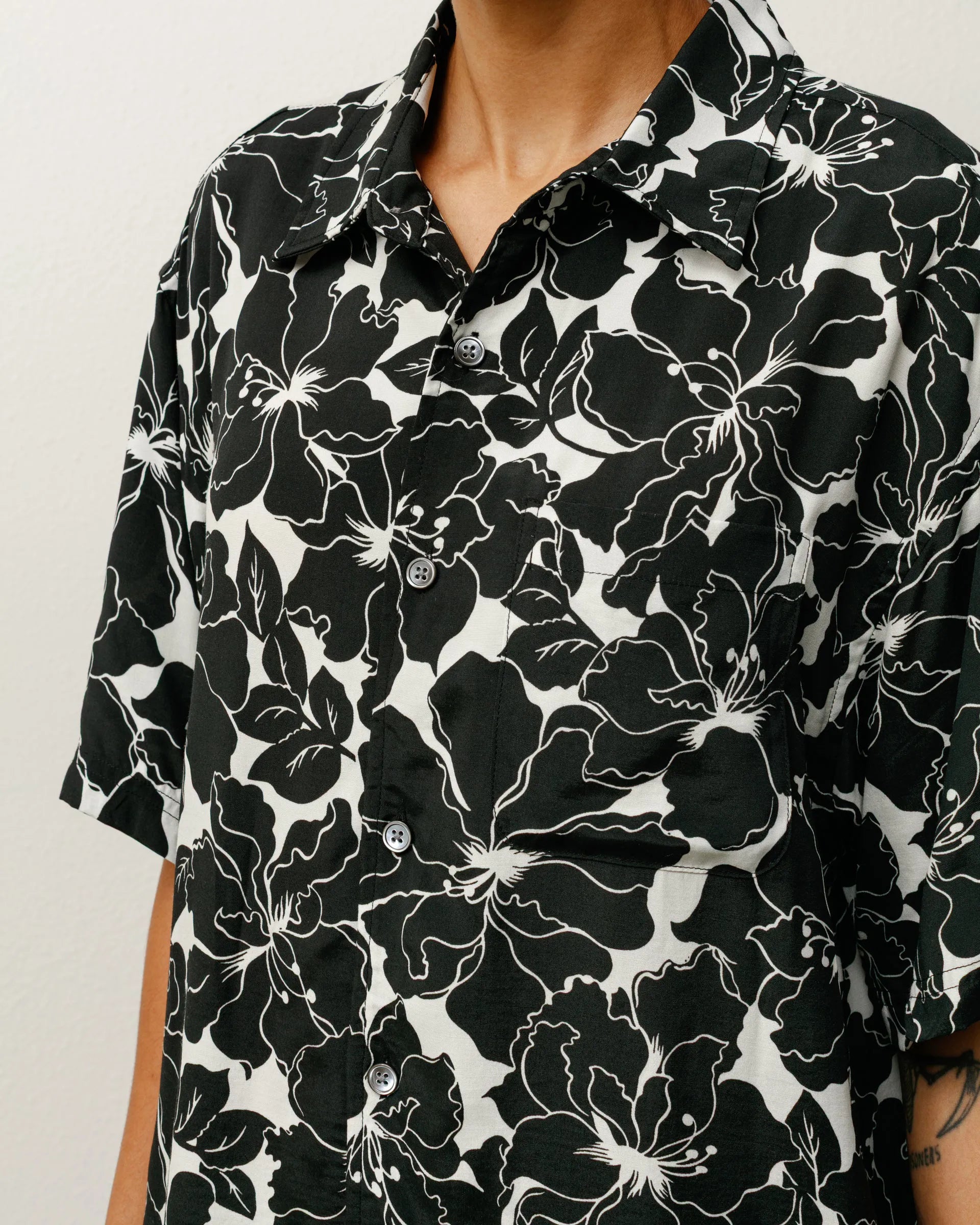 Stussy Floral Hawaiian Shirt, black — available at Norwood