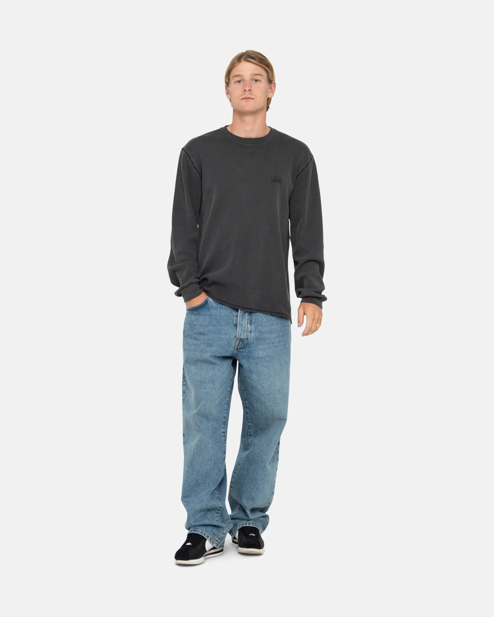 Stussy Basic Stock Long Sleeved Thermal, washed black — available at Norwood