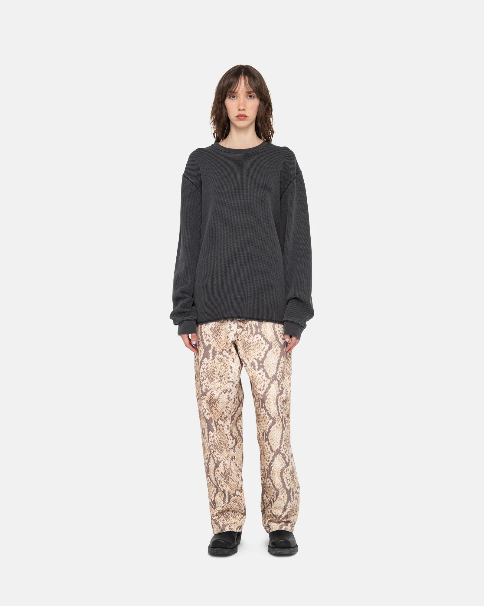 Stussy Basic Stock Long Sleeved Thermal, washed black — available at Norwood