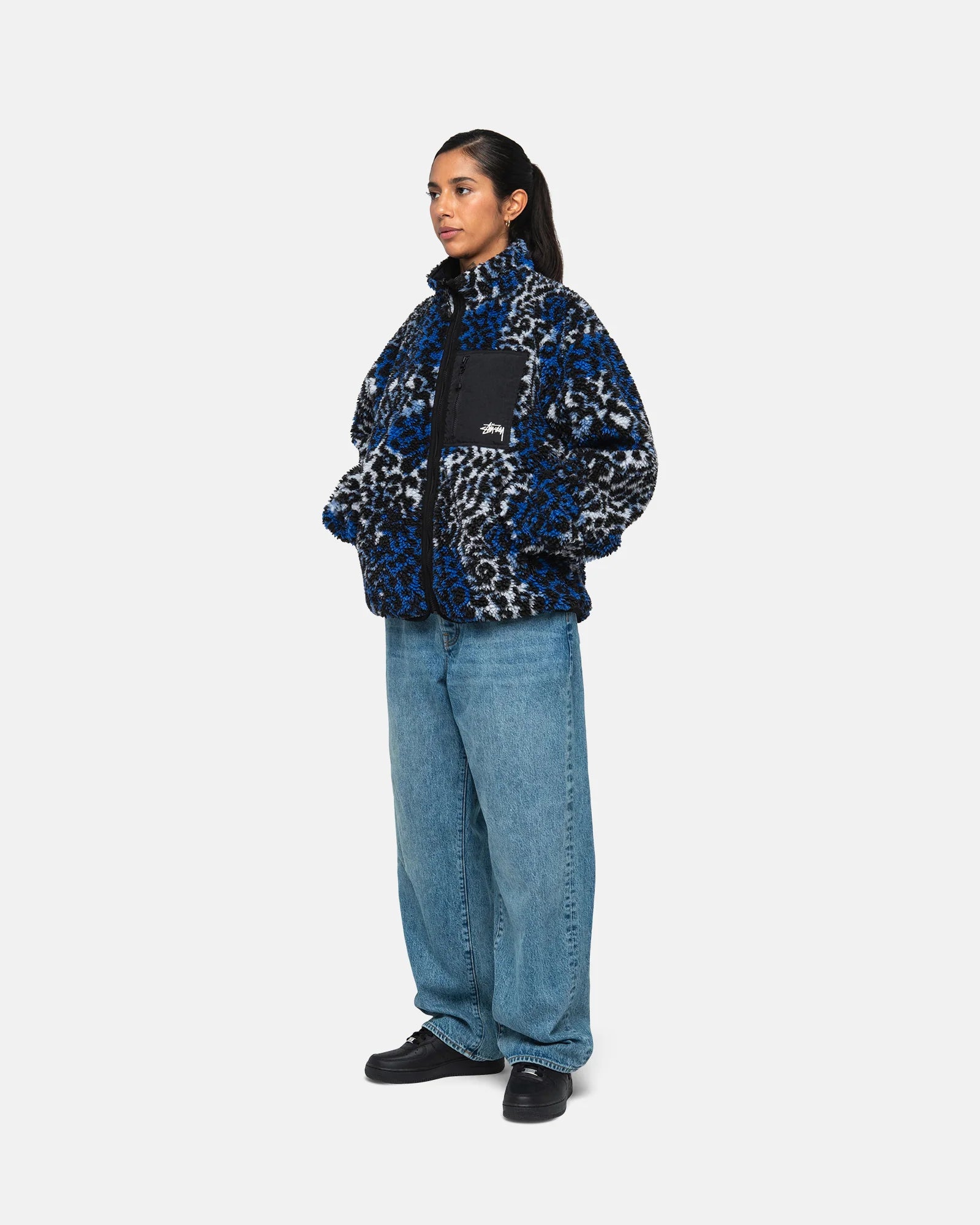 Stussy Sherpa Reversible Jacket, blue leopard — available at Norwood