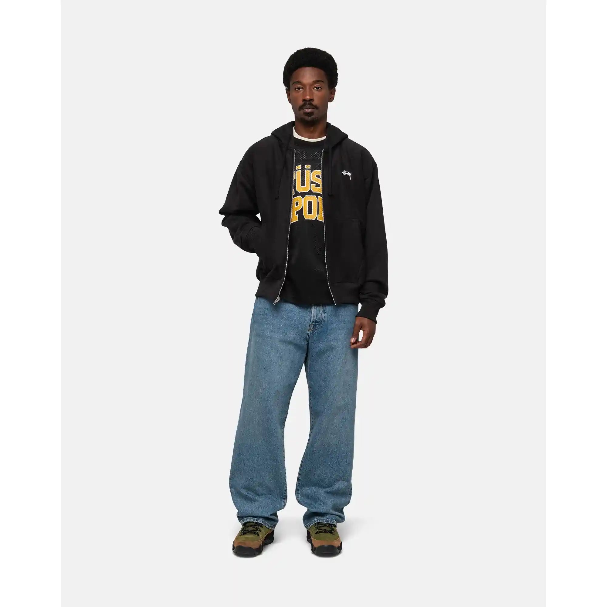 Stussy Stock Logo Zip Hood, washed black — available at Norwood