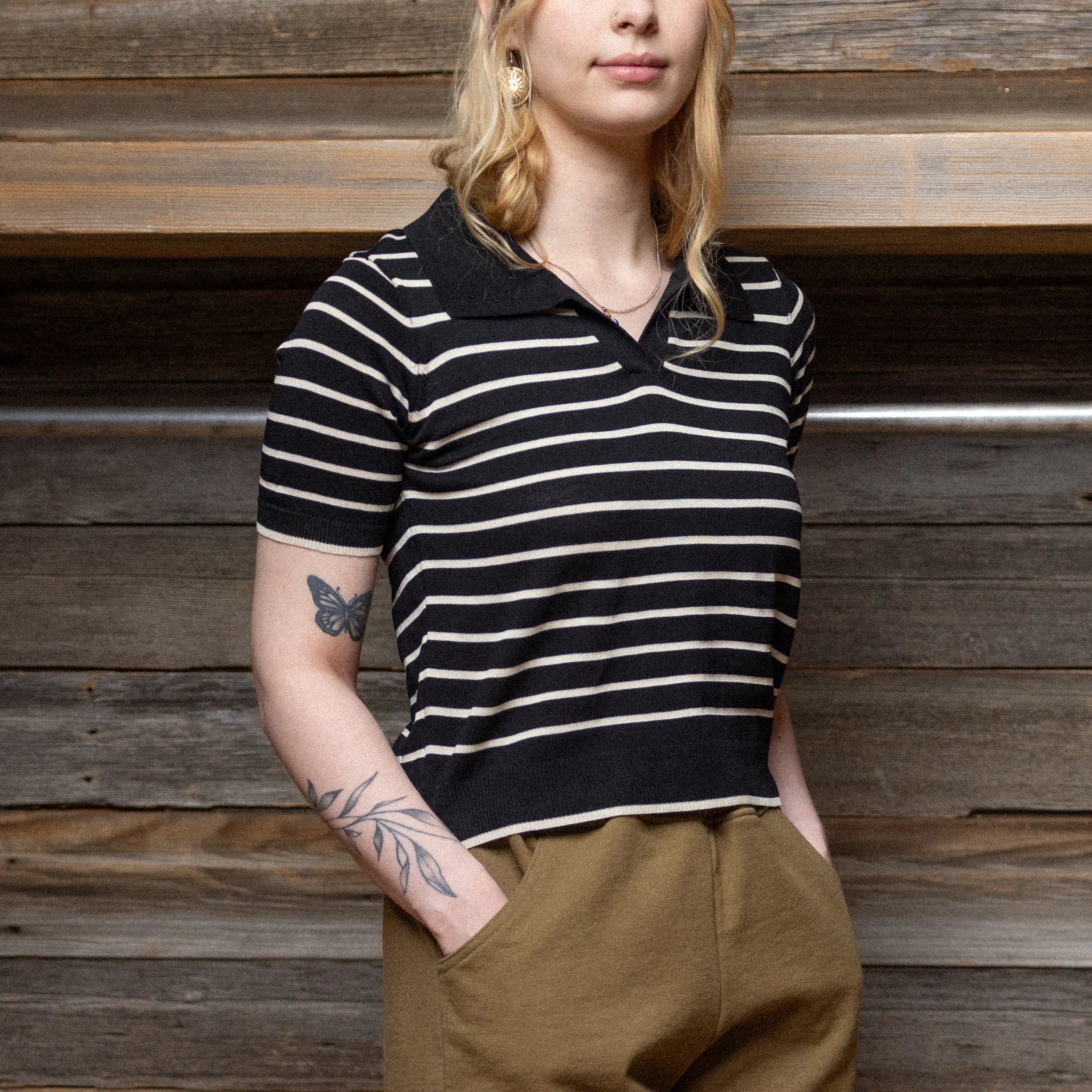 Womens Striped Collared Short Sleeve Knit Top, black beige