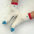 Le Bon Shoppe Embroidered Color Block Girlfriend Socks, blue red + heart — available at Norwood