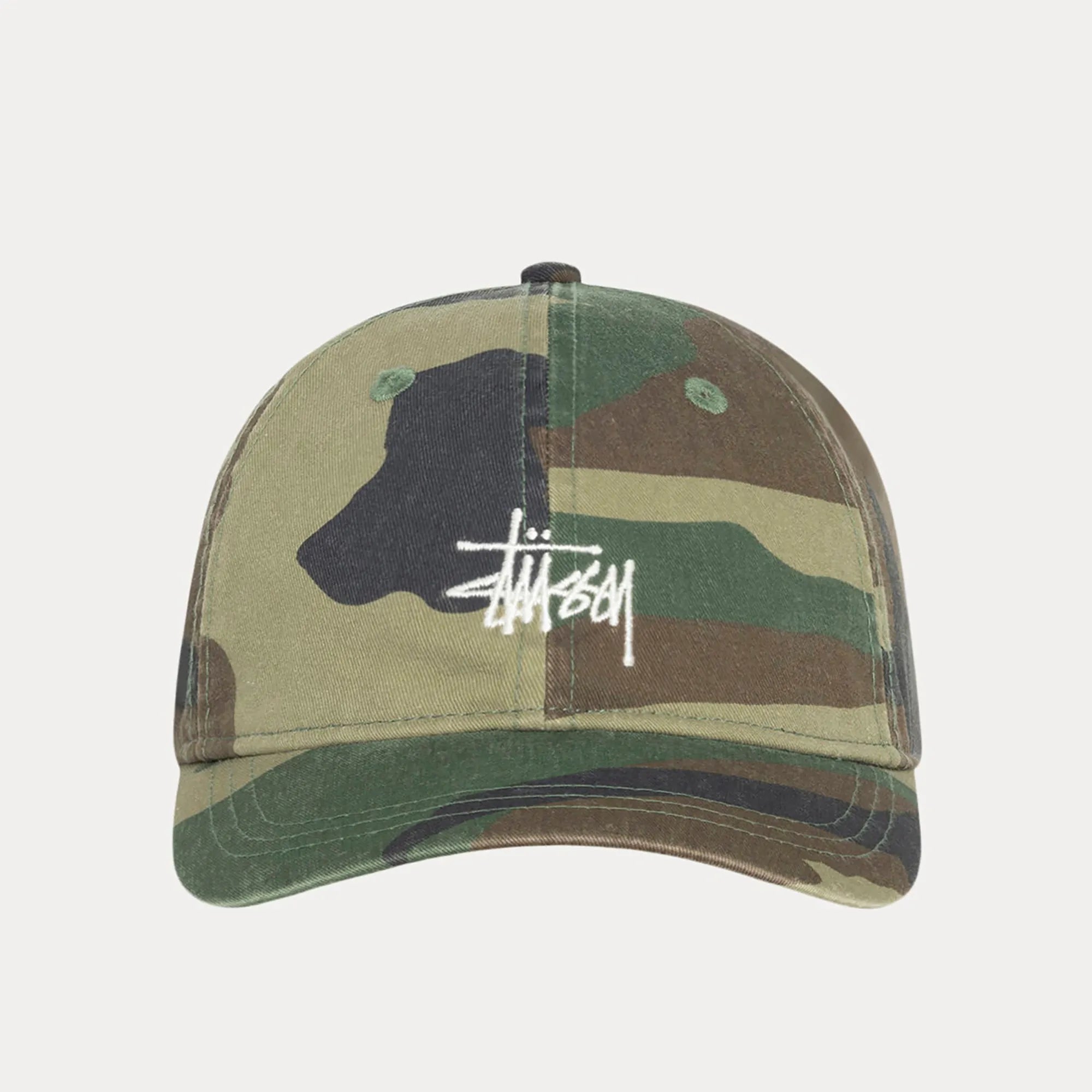 Stussy Basic Washed Low Pro Cap, woodland camo — available at Norwood