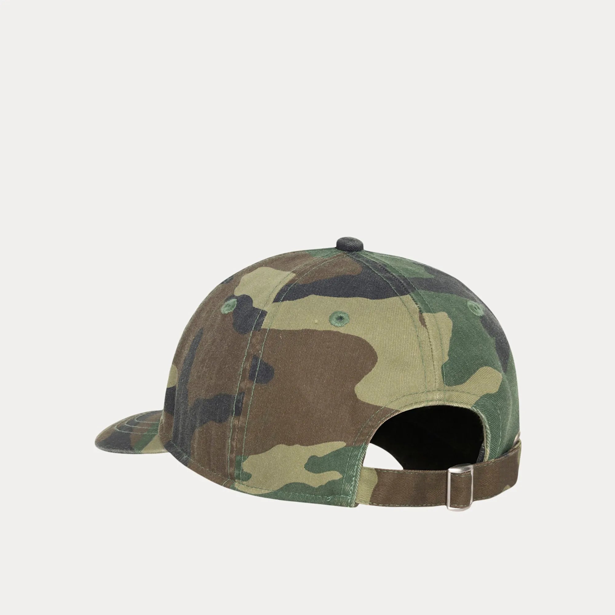 Stussy Basic Washed Low Pro Cap, woodland camo — available at Norwood