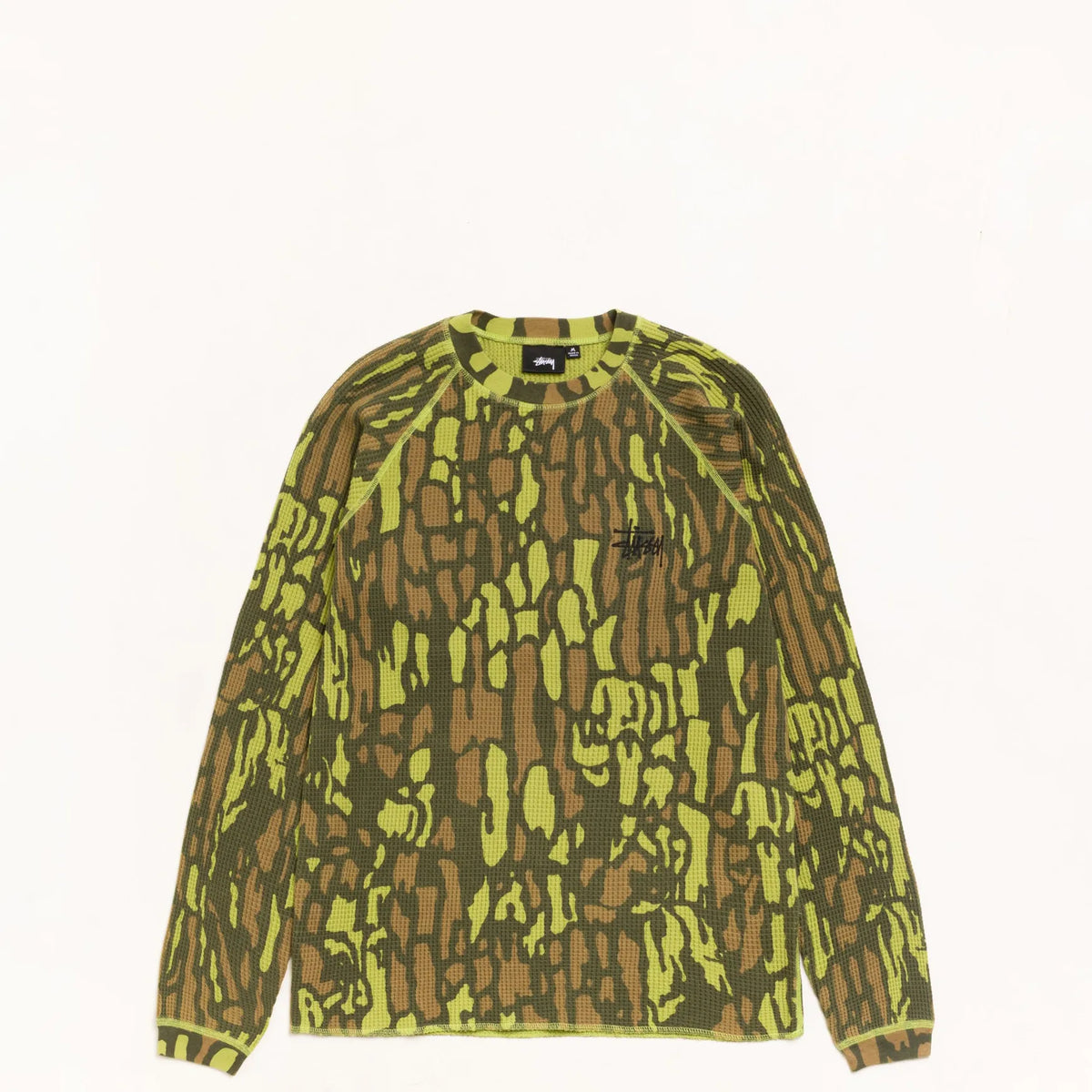 Stussy Raglan Thermal Basic Stock, tree bark camo — available at Norwood