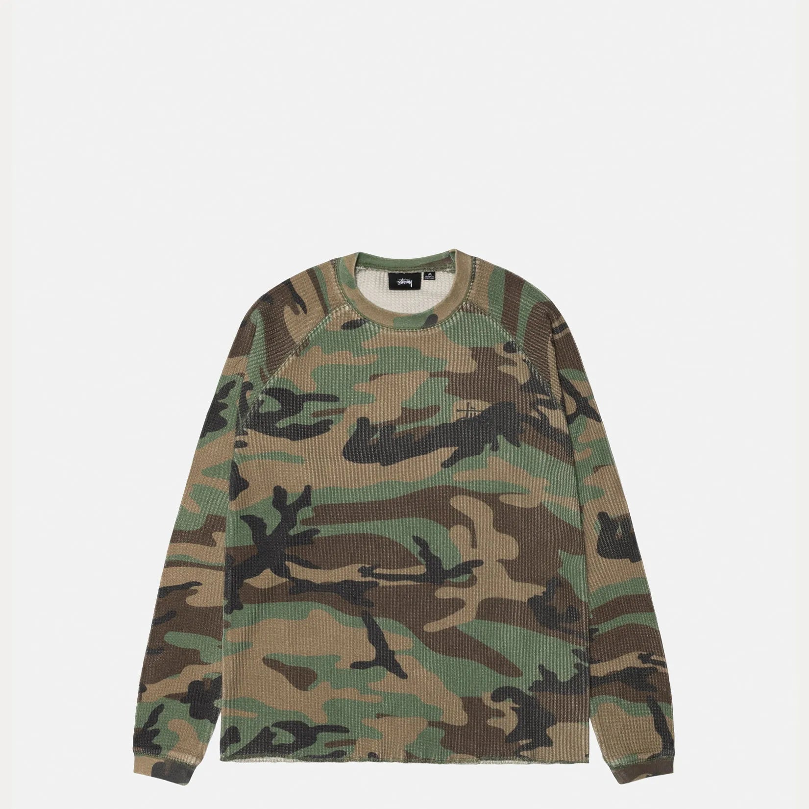 Stussy Basic Stock Raglan Thermal Shirt, woodland camo — available at Norwood