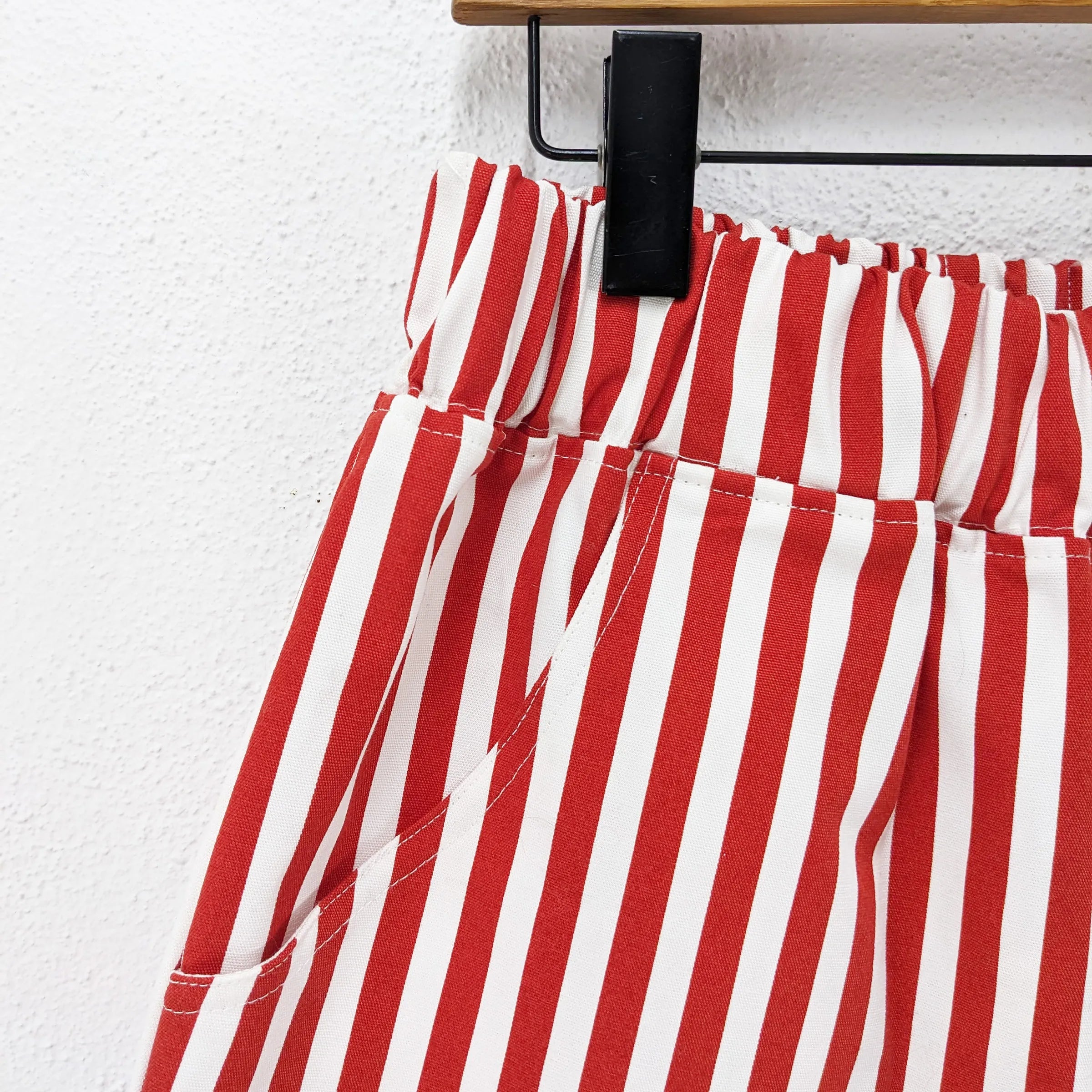 CUB Alia Shorts, wide red & white stripe — available at Norwood