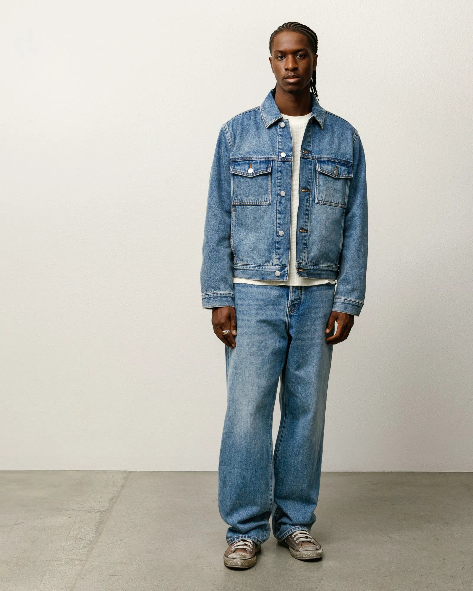 Stussy Lined Denim Trucker Jacket, indigo stone wash — available at Norwood