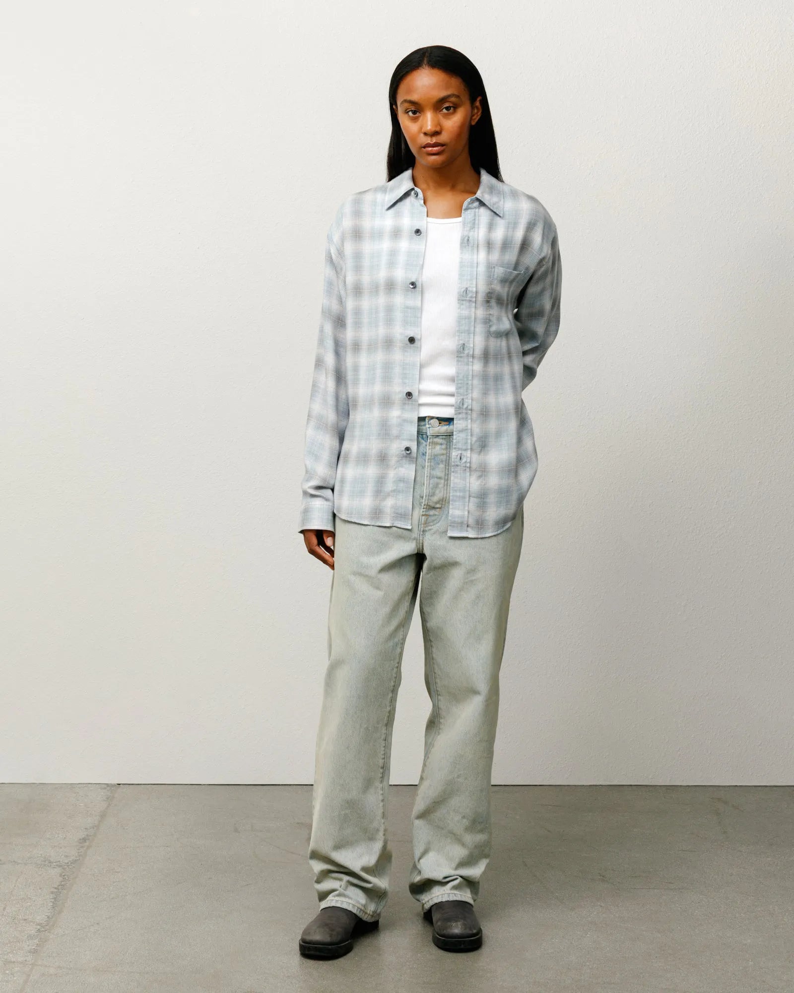 Stussy Matthew Printed Plaid Shirt, light blue — available at Norwood