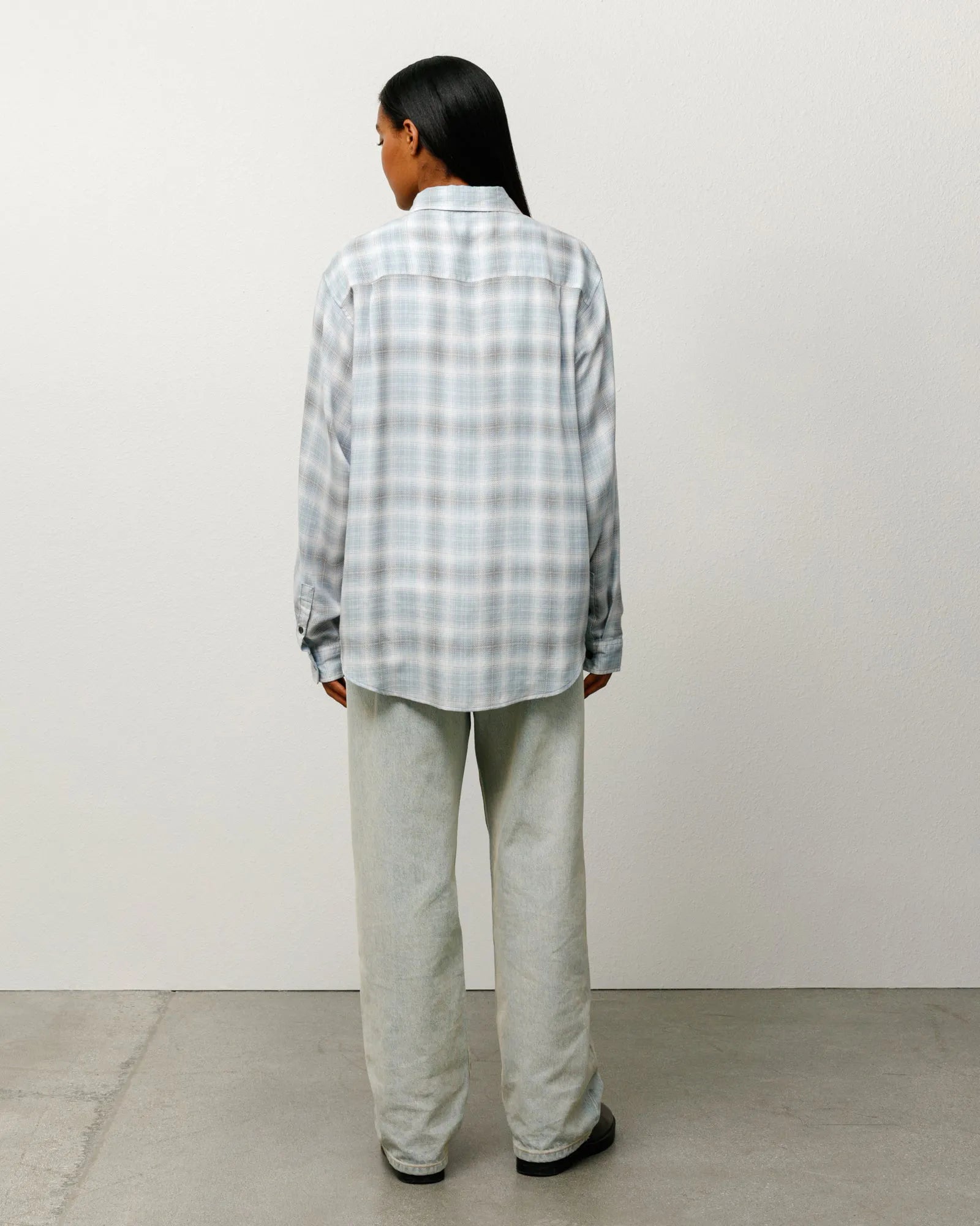 Stussy Matthew Printed Plaid Shirt, light blue — available at Norwood