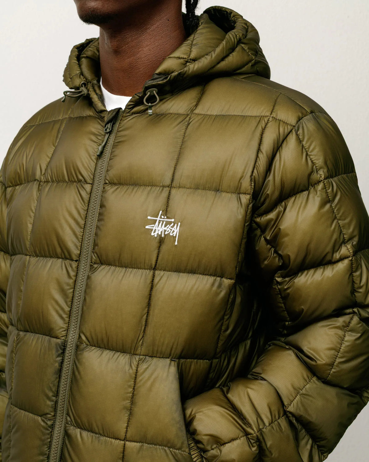 Stussy Midweight Hooded Puffer, olive — available at Norwood