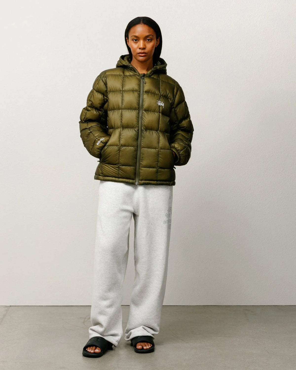Stussy Midweight Hooded Puffer, olive — available at Norwood