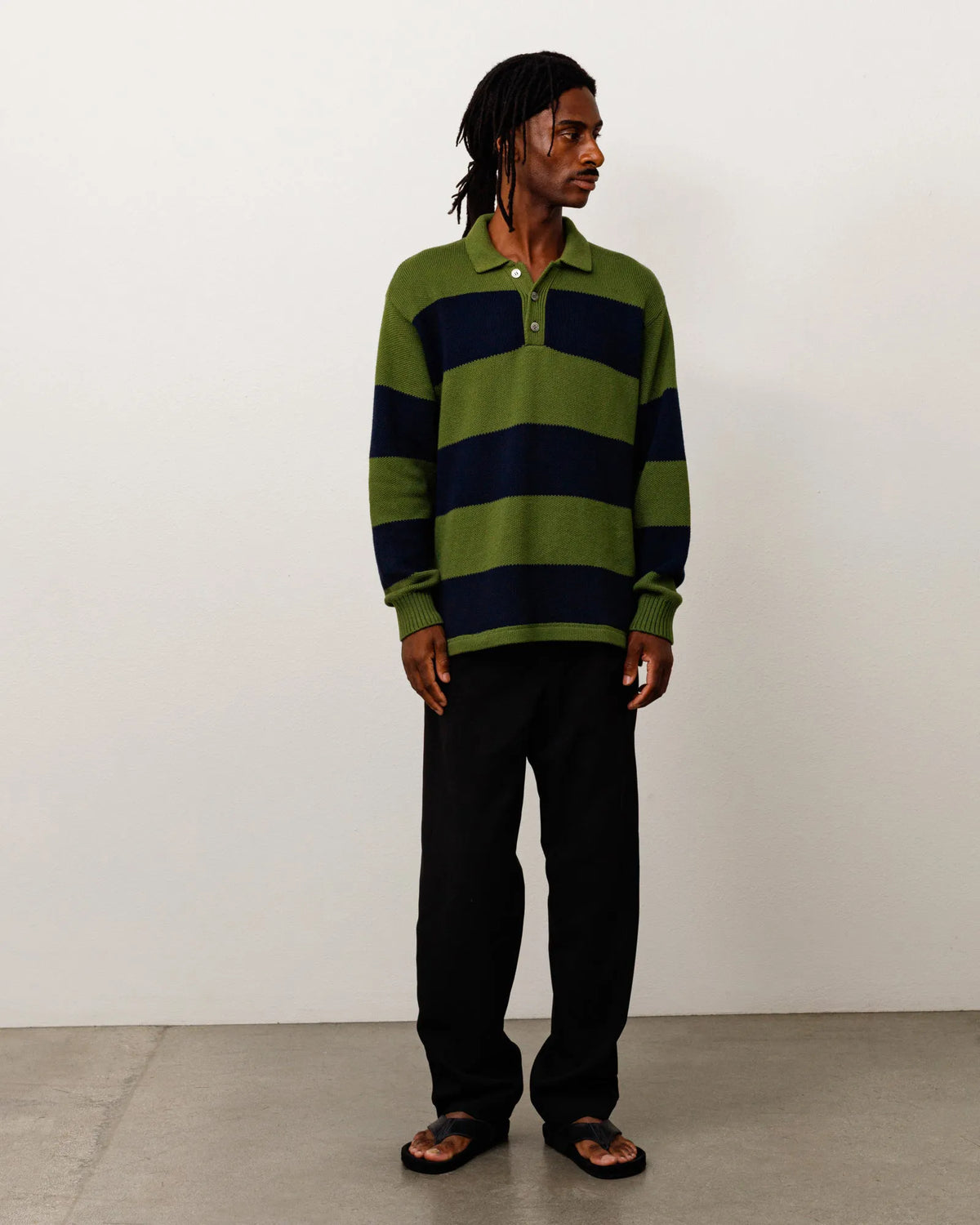 Stussy Pique Knit Stripe Rugby, olive — available at Norwood