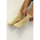 Le Bon Shoppe Ruffled Hugger Crew Socks, banana cream / red — available at Norwood