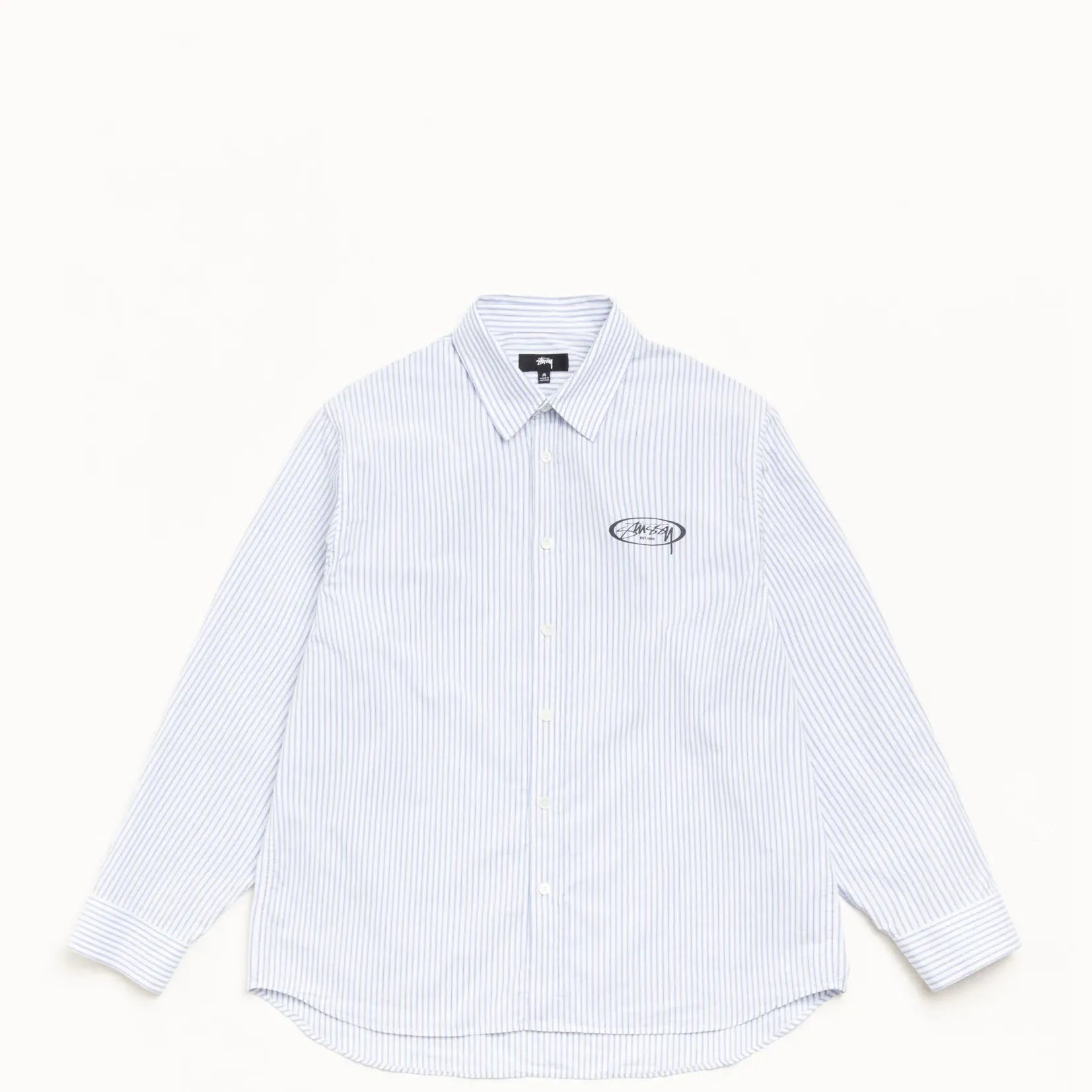 Stussy Standard Longsleeve Logo Shirt, blue stripe — available at Norwood