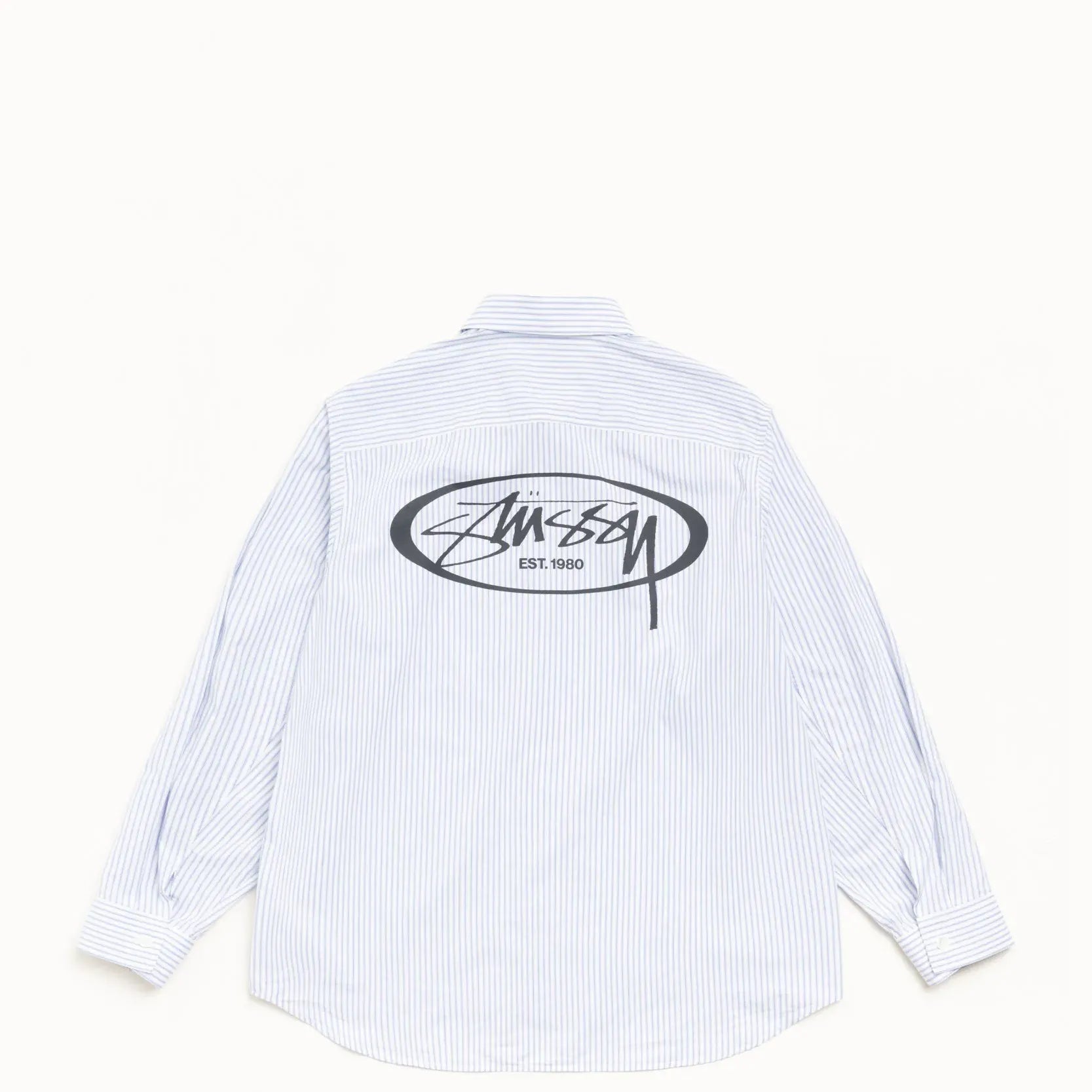 Stussy Standard Longsleeve Logo Shirt, blue stripe — available at Norwood