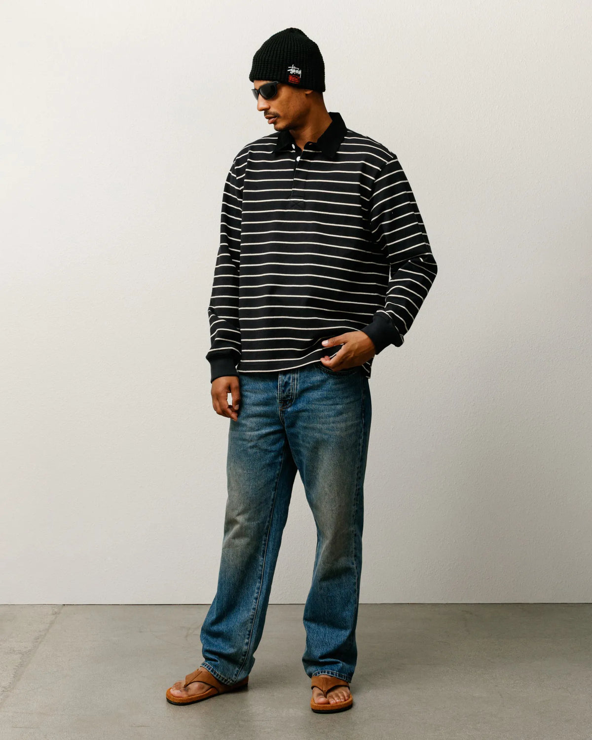 Stussy Pin Striped Rugby, black — available at Norwood