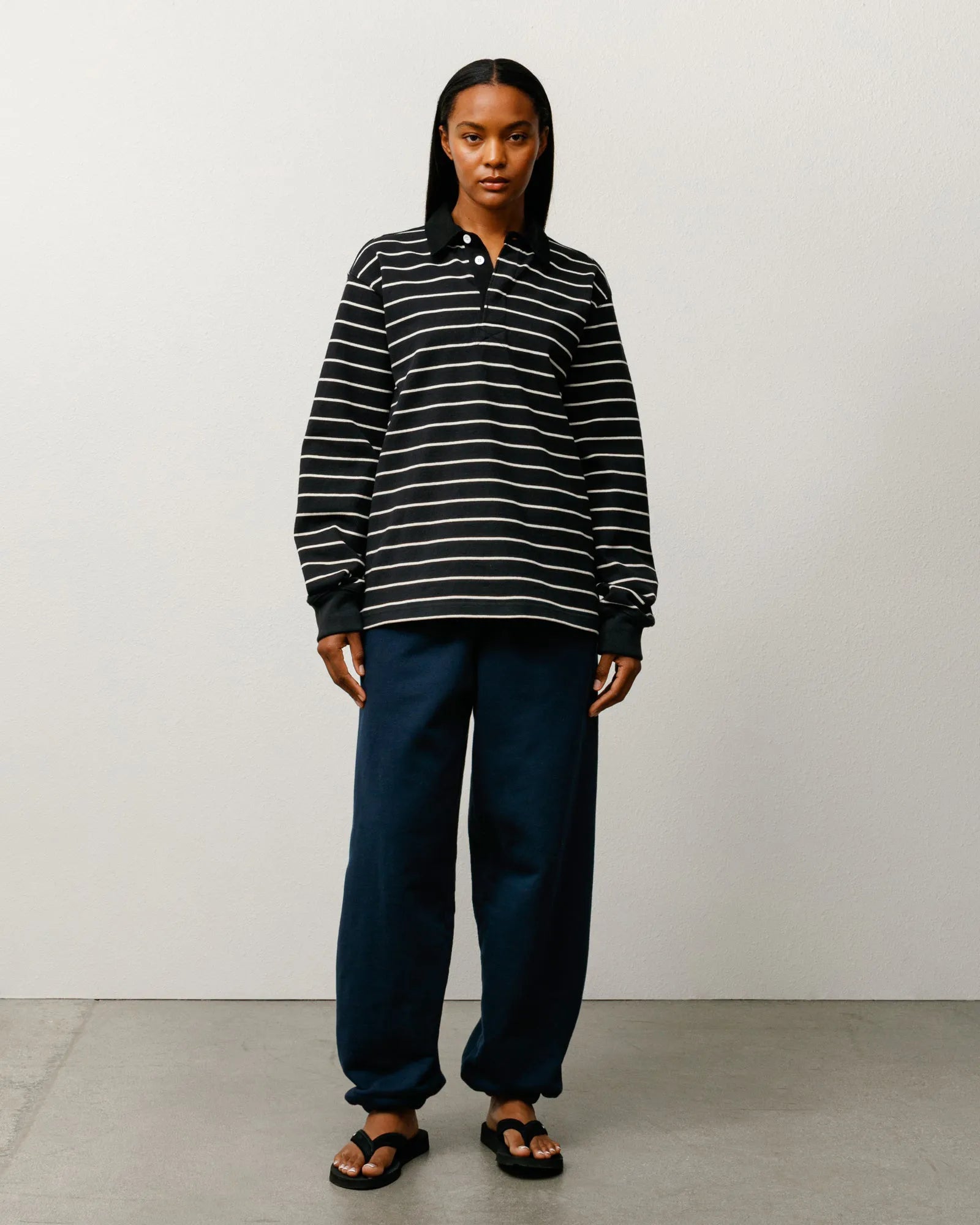 Stussy Pin Striped Rugby, black — available at Norwood