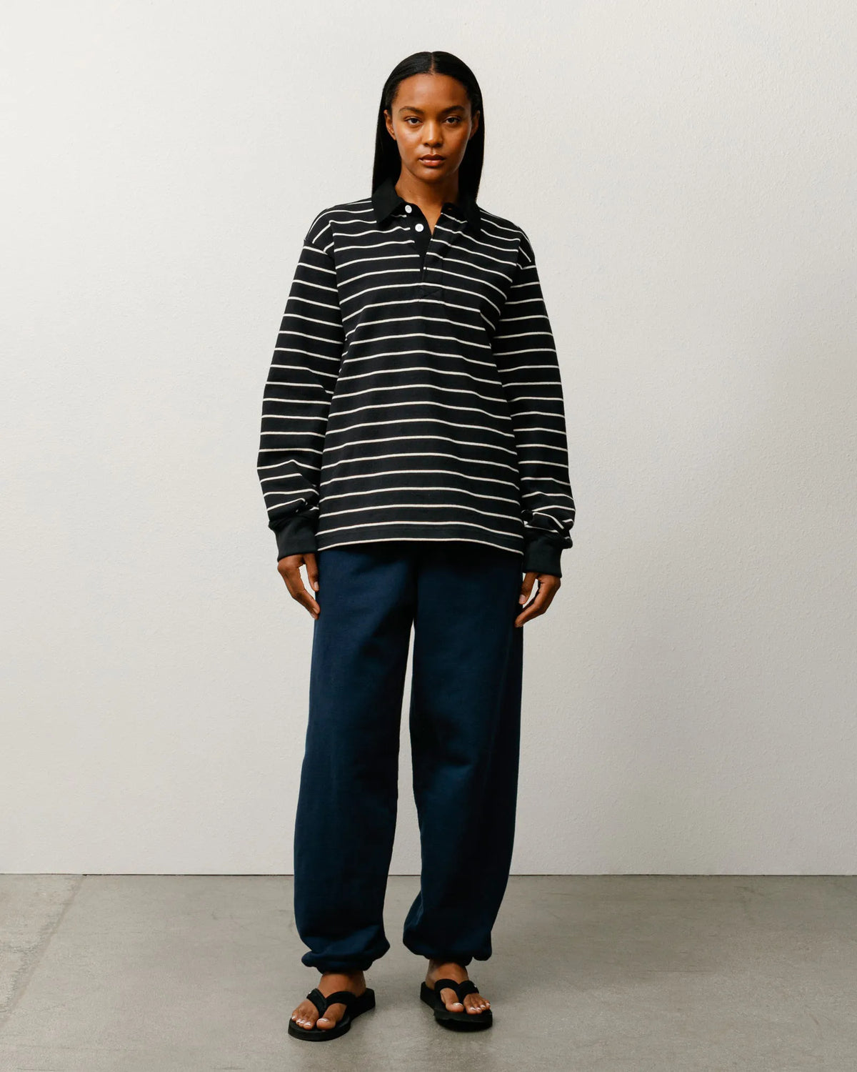 Stussy Pin Striped Rugby, black — available at Norwood