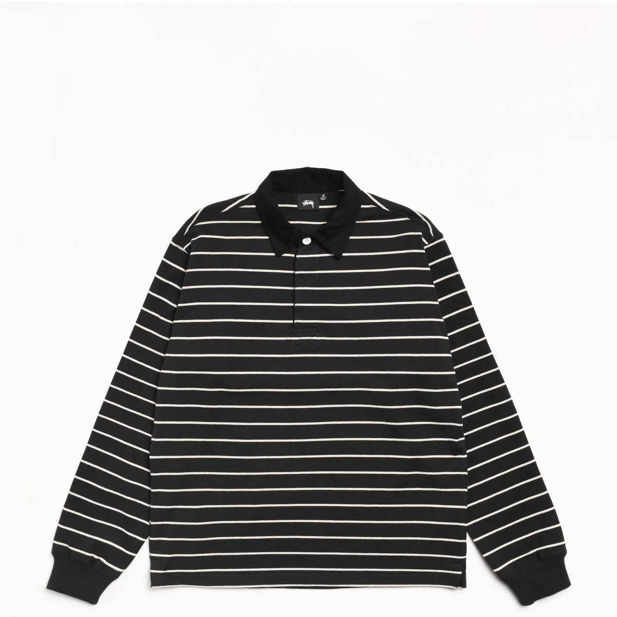 Stussy Pin Striped Rugby, black — available at Norwood