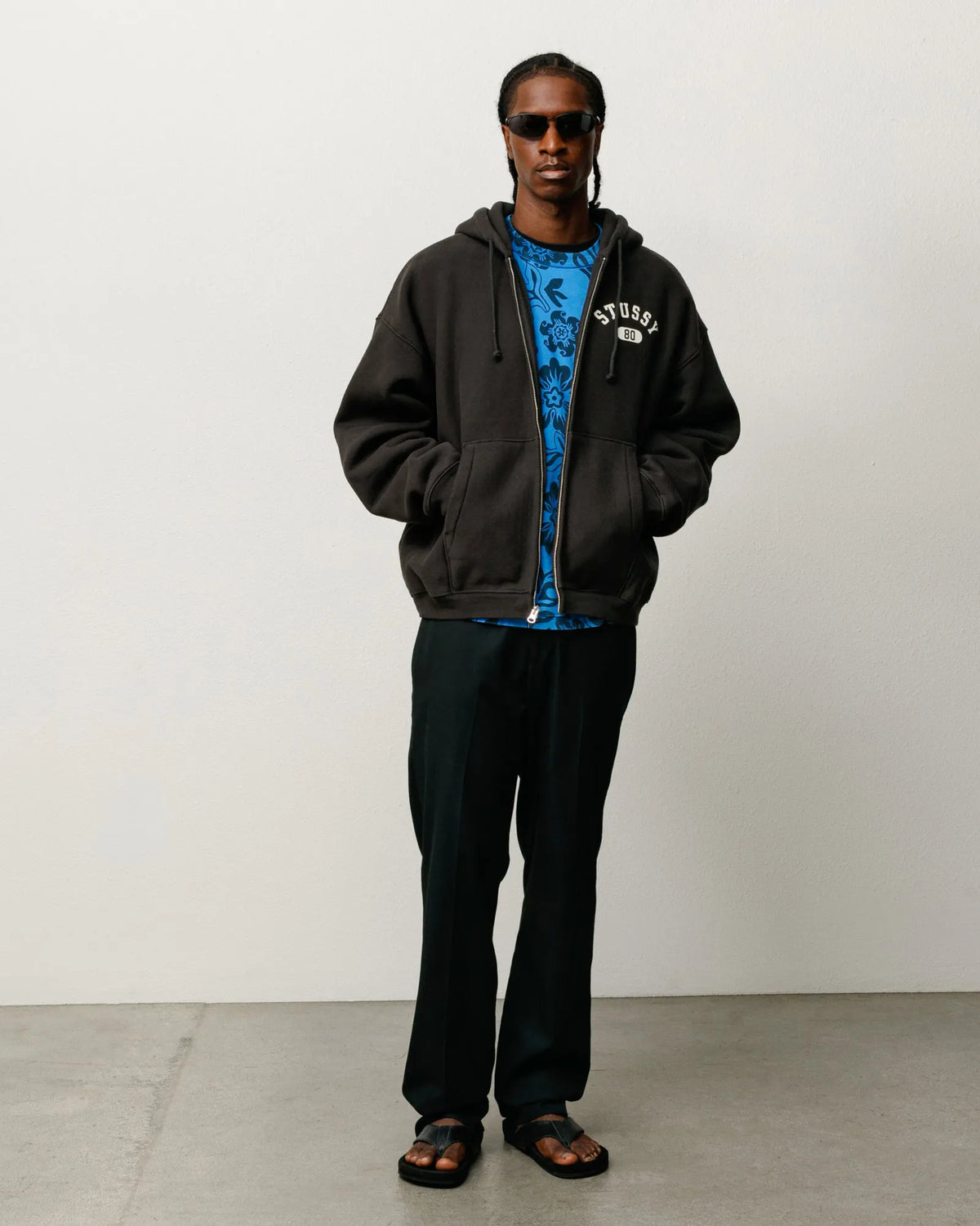 Stussy Varsity Zip Hood, washed black — available at Norwood
